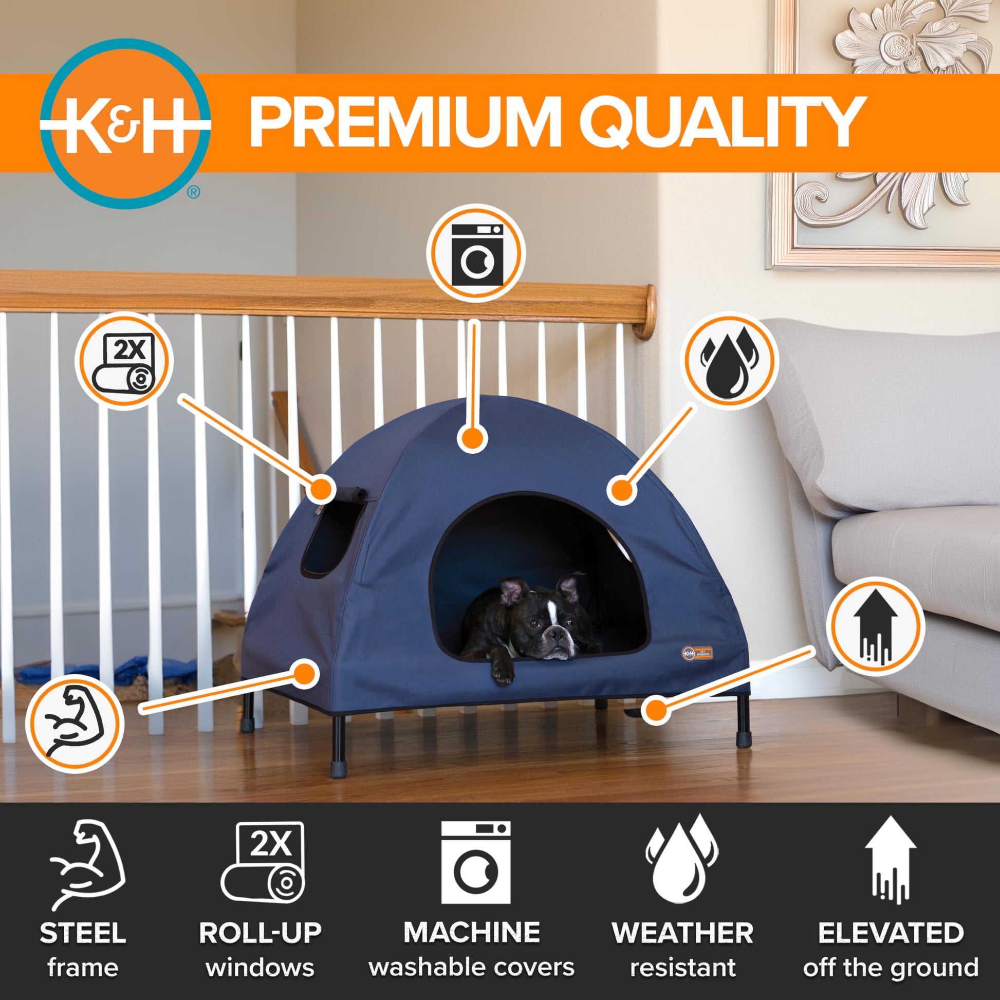 Casa para Mascotas K&H Pet Products Azul Marino con Cama Elevada Medium para Interiores y Exteriores