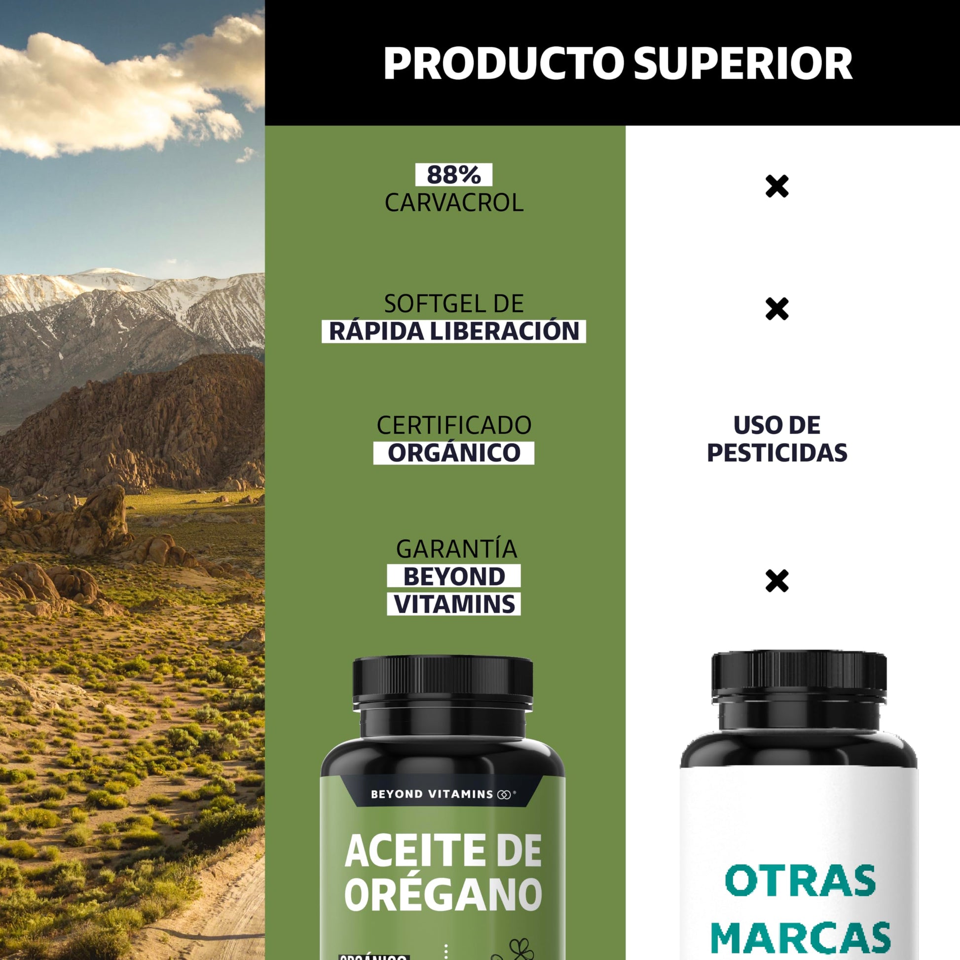 Beyond Vitamins | Aceite de Oregano Orgánico 100% Natural con 88% Carvacrol Candida | Oil of Oregano Grado Alimenticio (60 Caps)