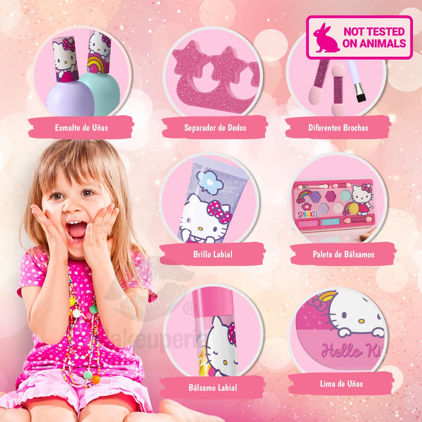 MAKEUPERIA Estuche de Maquillaje Infantil con Diseño Hello Kitty, Maletín Metálico con Espejo, Sombras, Brillos, Esmaltes, Lima, Separadores, Pinceles y Bandeja, Maquillaje Lavable y Seguro para Niñas