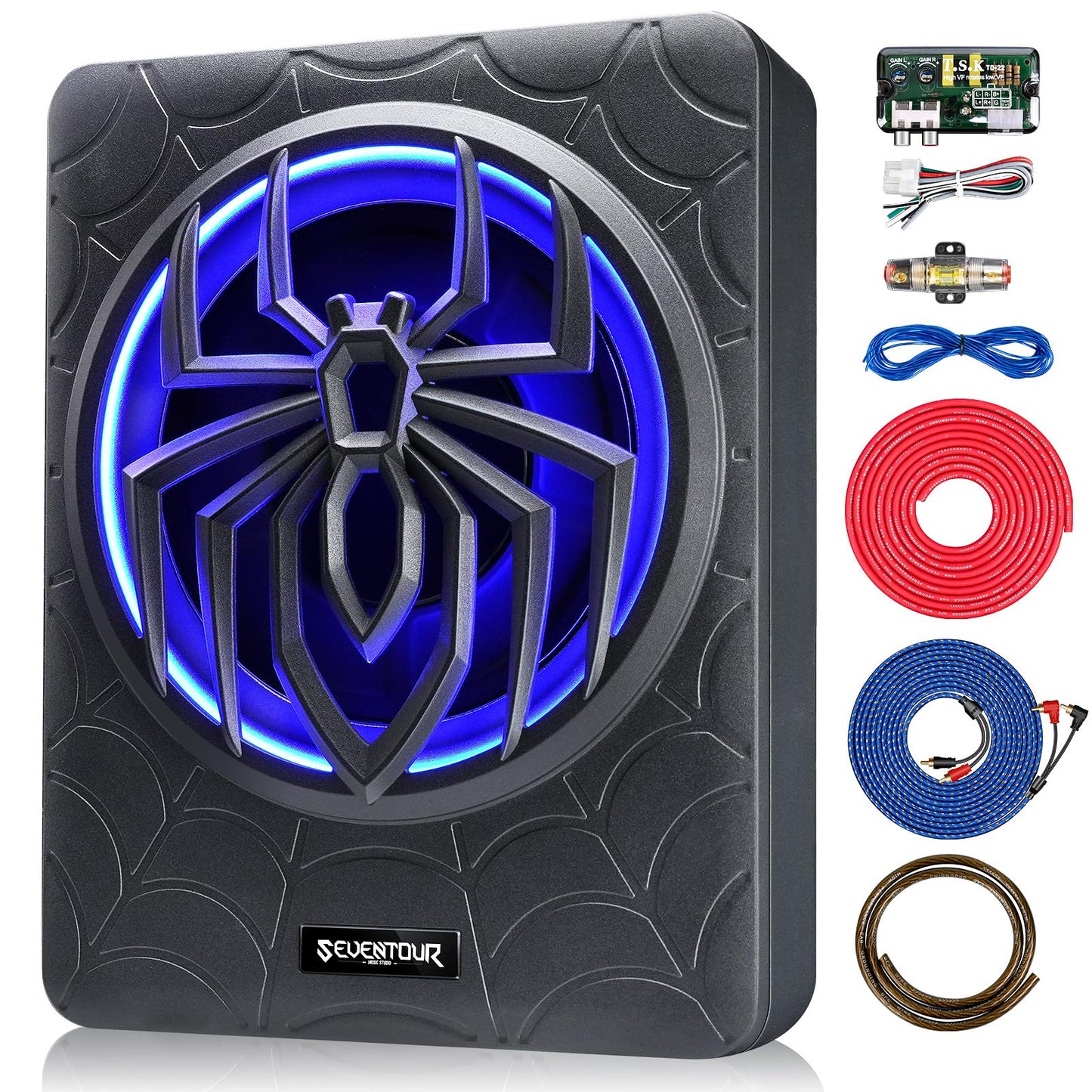 Seventour Subwoofer delgado de 1200 W de 10 pulgadas con asiento para coche, subwoofer de audio para coche/camión con amplificador integrado, paquete combinado de amplificador, con luz LED RGB