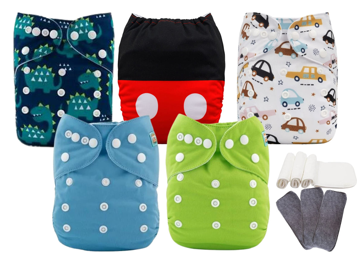 Alva Baby 5 Pañales Ecológicos de tela mixtos (lisos y espampados), impermeable y adaptables de 4-16kg (Niño)