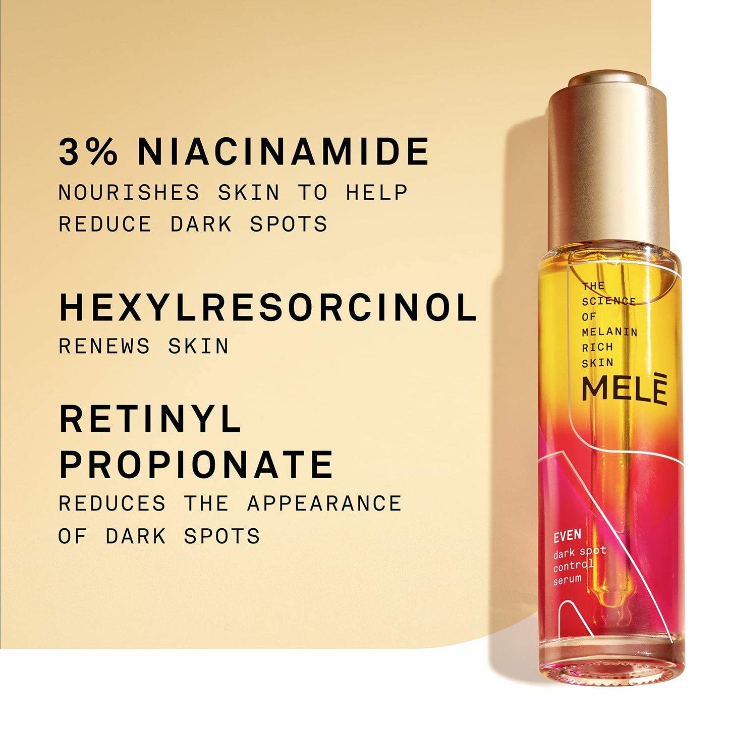 Mele Incluso las manchas oscuras reducen visiblemente las manchas oscuras, el tono desigual y los signos del suero de control del envejecimiento con niacinamida, vitamina E y Pro-Retinol 1 onza