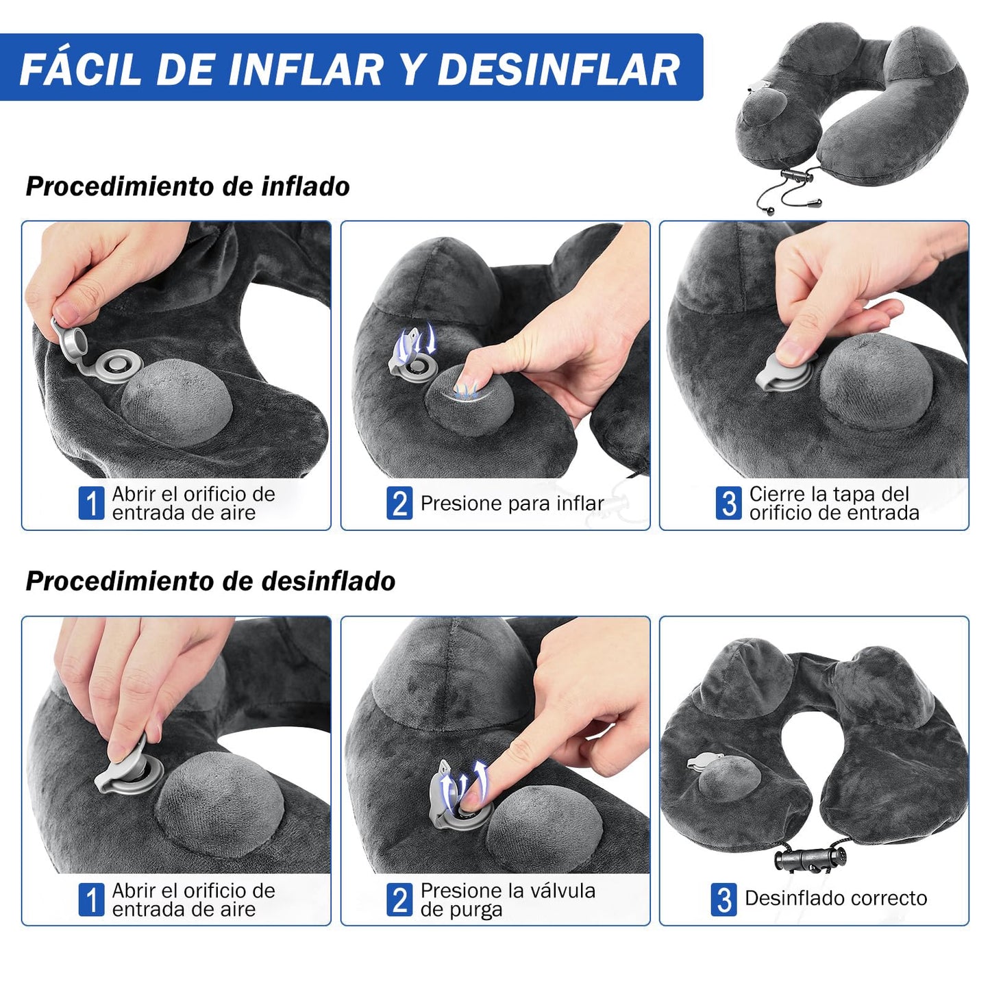GuDoQi Almohada de Viaje Hinchable, Inflable Cojin Cervical Viaje con Tapón de Oídos, Máscara de Ojos, Cordón Ajustable, Cojin de Viaje Cuello para Avión, Coche, Oficina