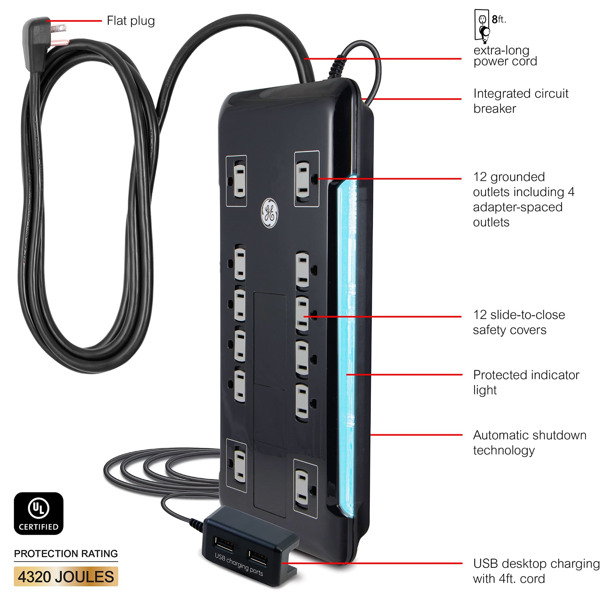 GE Protector de sobretensión UltraPro de 12 Salidas, 2 Puertos USB conectados, Cable de alimentación de 8 pies, 4320 Julios, Filtro de Potencia, disyuntor, garantía, listado UL, 11824