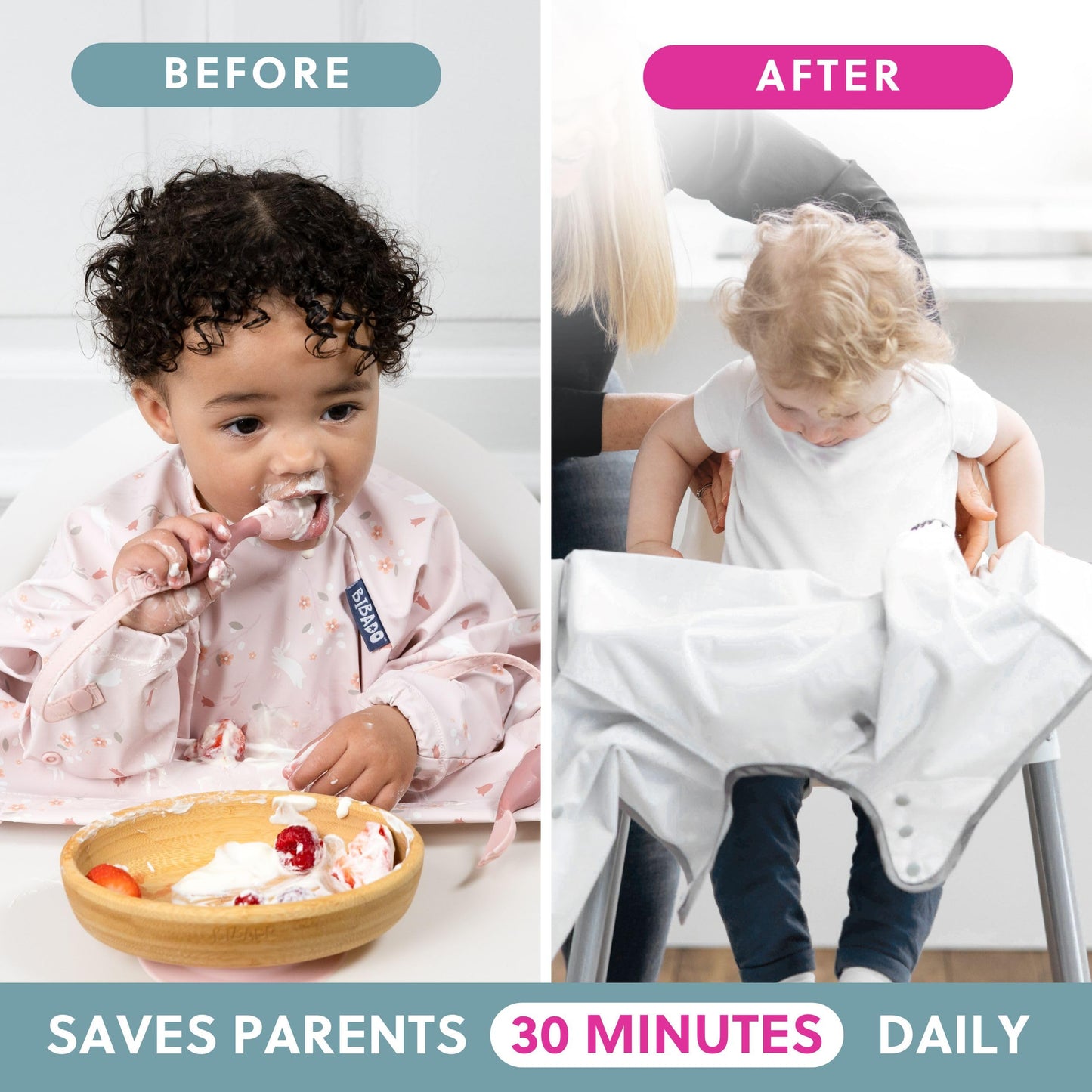 Bibado Baberos para bebé con mangas – Babero de destete LED para niños pequeños y bebés, 6-36 meses, se fija a sillas altas, cochecitos, mesas, Conejitos botánicos, One Size