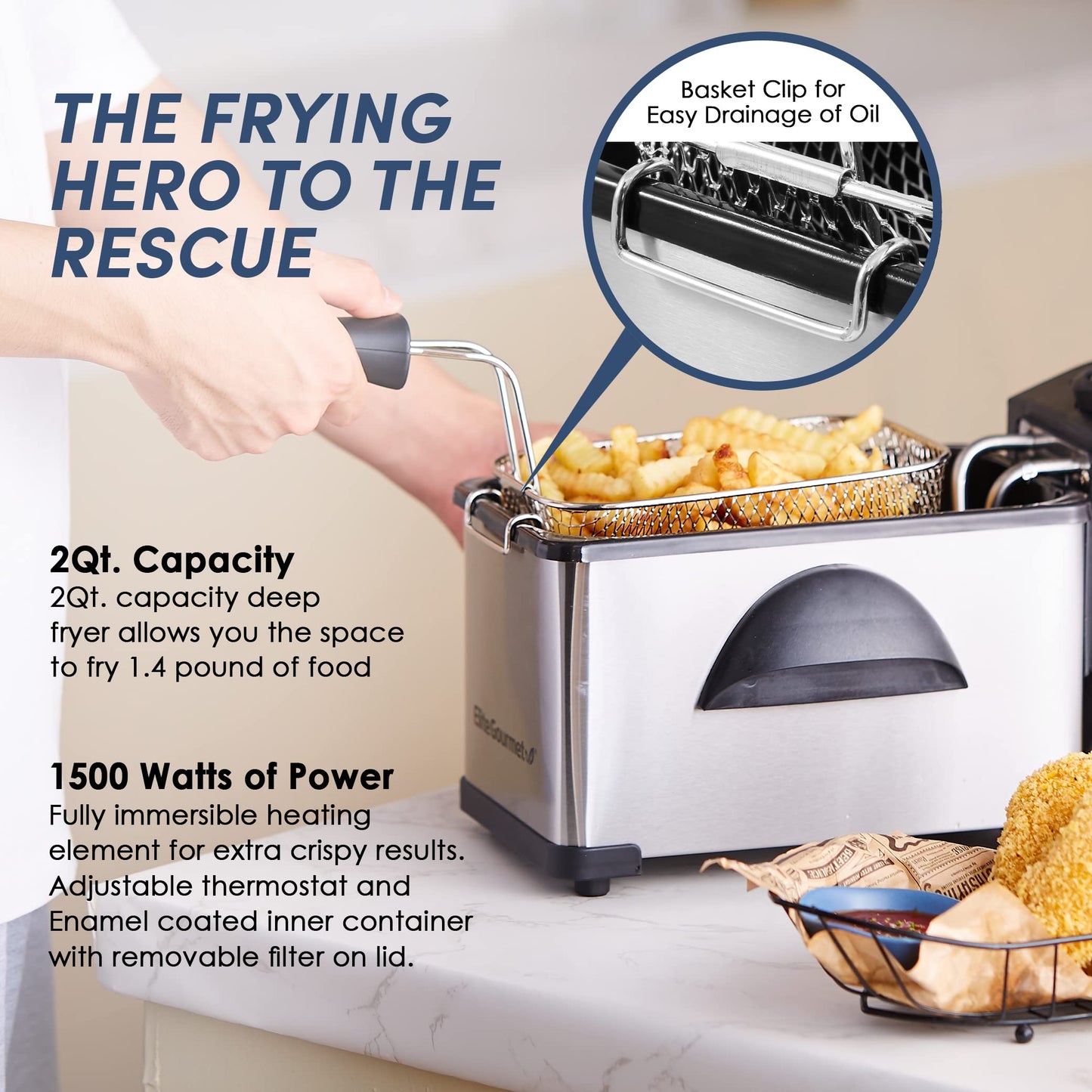 Elite Gourmet EDF2100 - Freidora eléctrica de inmersión extraíble, temperatura ajustable, tapa con ventana de visualización y filtro sin olor, 2 cuartos de galón/8.2 tazas