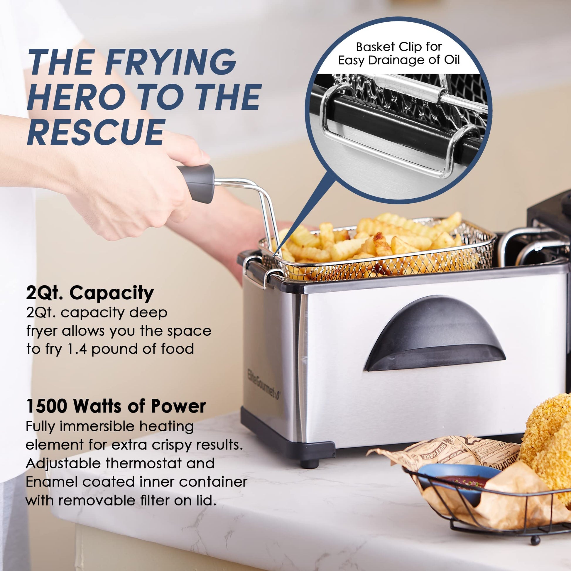 Elite Gourmet EDF2100 - Freidora eléctrica de inmersión extraíble, temperatura ajustable, tapa con ventana de visualización y filtro sin olor, 2 cuartos de galón/8.2 tazas