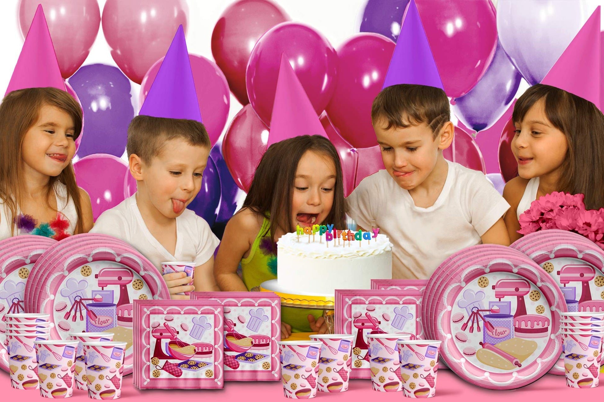 Little Baker - Juego de suministros para fiesta de cumpleaños, platos, servilletas, tazas, vajilla para 16 unidades