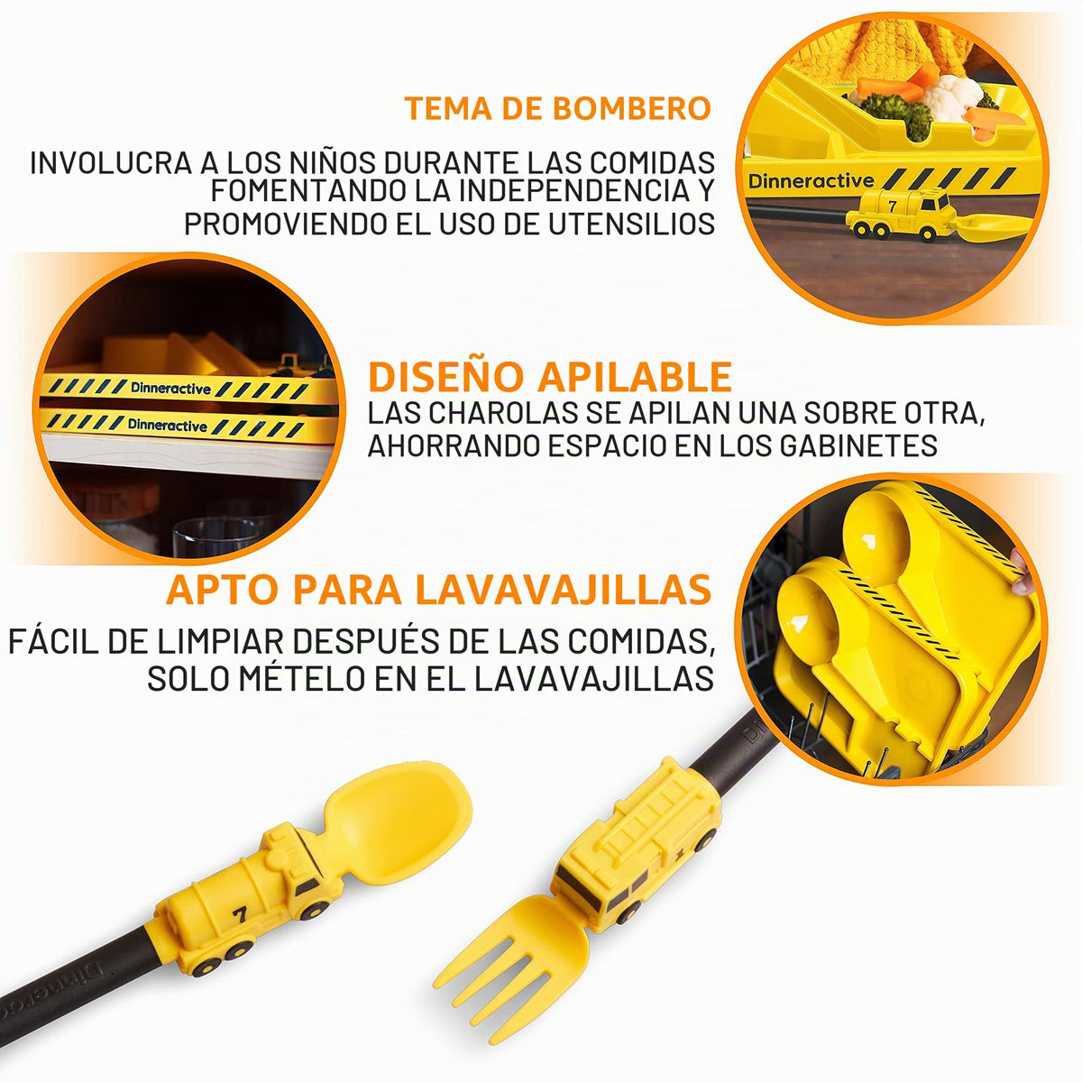 Dinneractive - Juego de comedor para niños, 3 piezas de vajilla amarilla para bomberos - Utensilios para camiones de bomberos - Platos para bebés