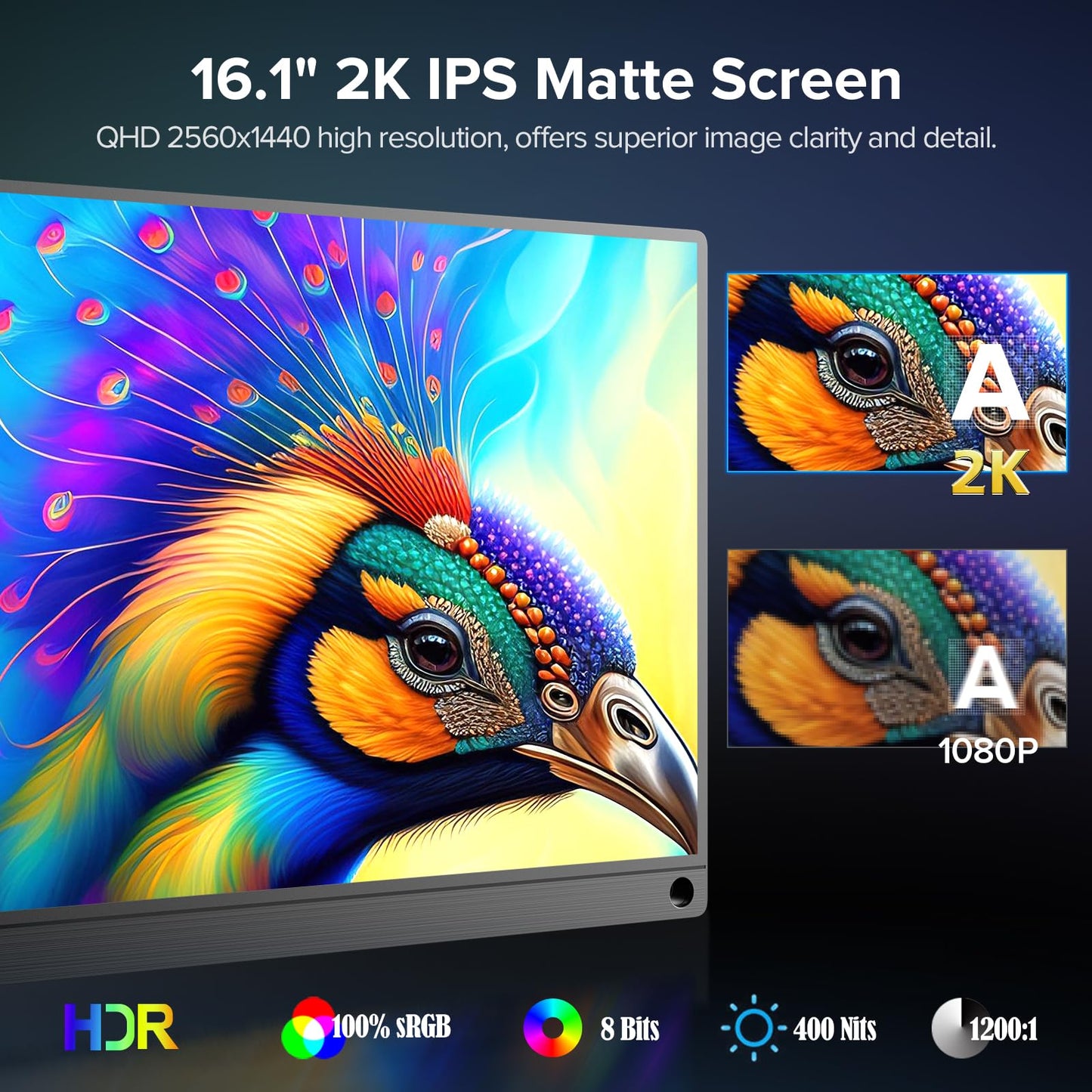 Monitor Portátil UPERFECT 2K Negro Ultra Slim 144Hz para Juegos