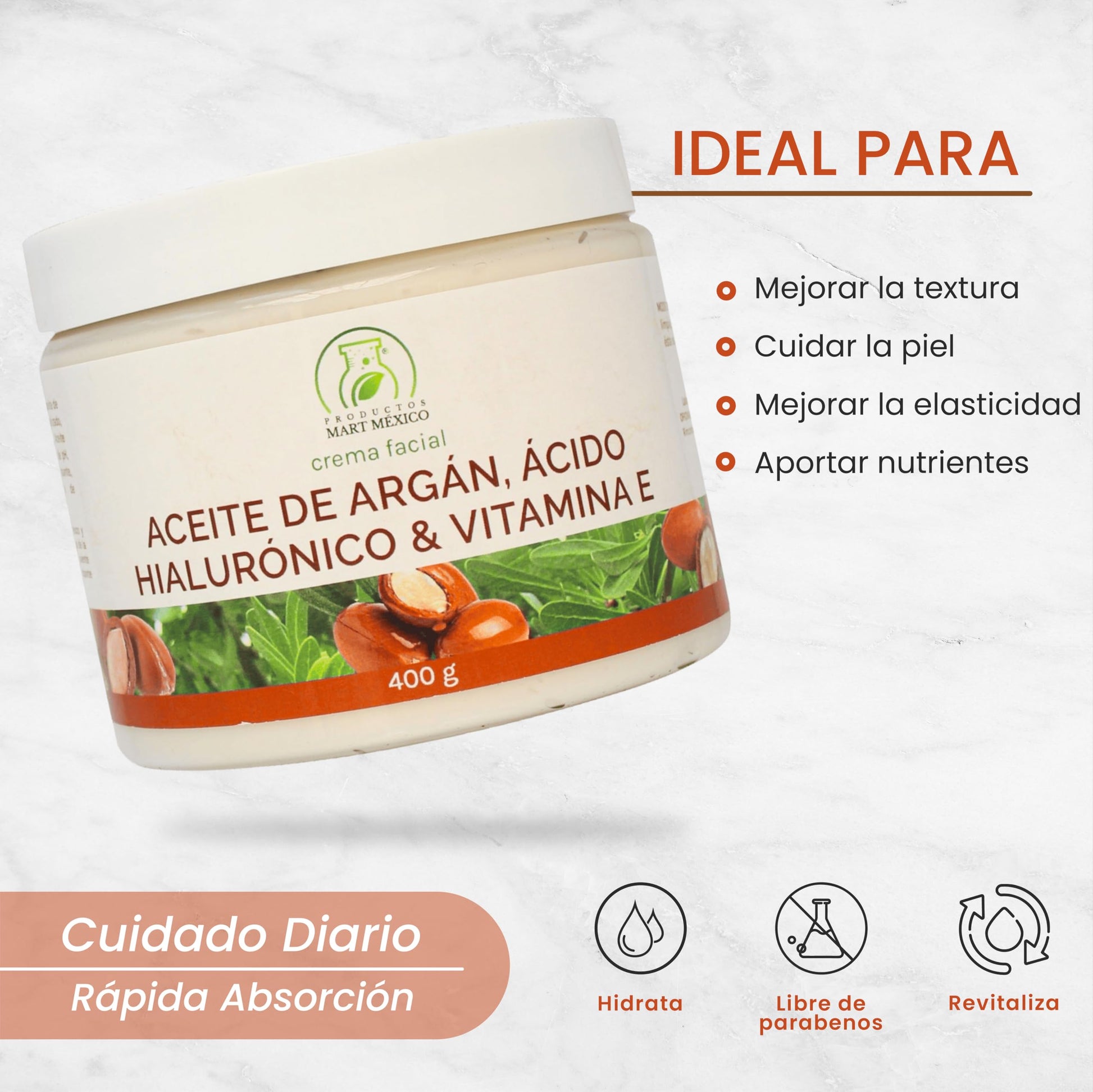 Crema Facial Antiarrugas de Argán, Ácido Hialurónico & Vitamina E Piel Renovada Productos Mart Mexico 400 Grs