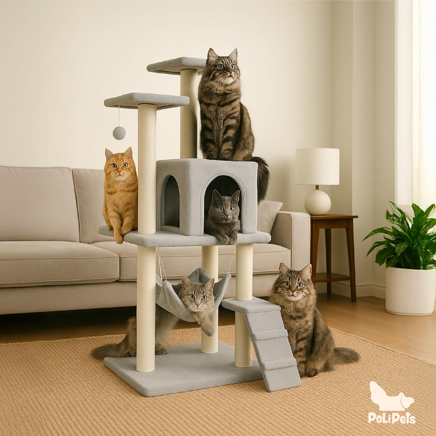 POLI PETS Rascador para Gatos Persa, Árbol para Gatos con Escalera, Escondite y Hamaca, Estructura Cubierta de Sisal y Felpa, Seguro, Cómodo y Duradero, Castillo para Gatos 125 X 50 X 40cm (Gris)