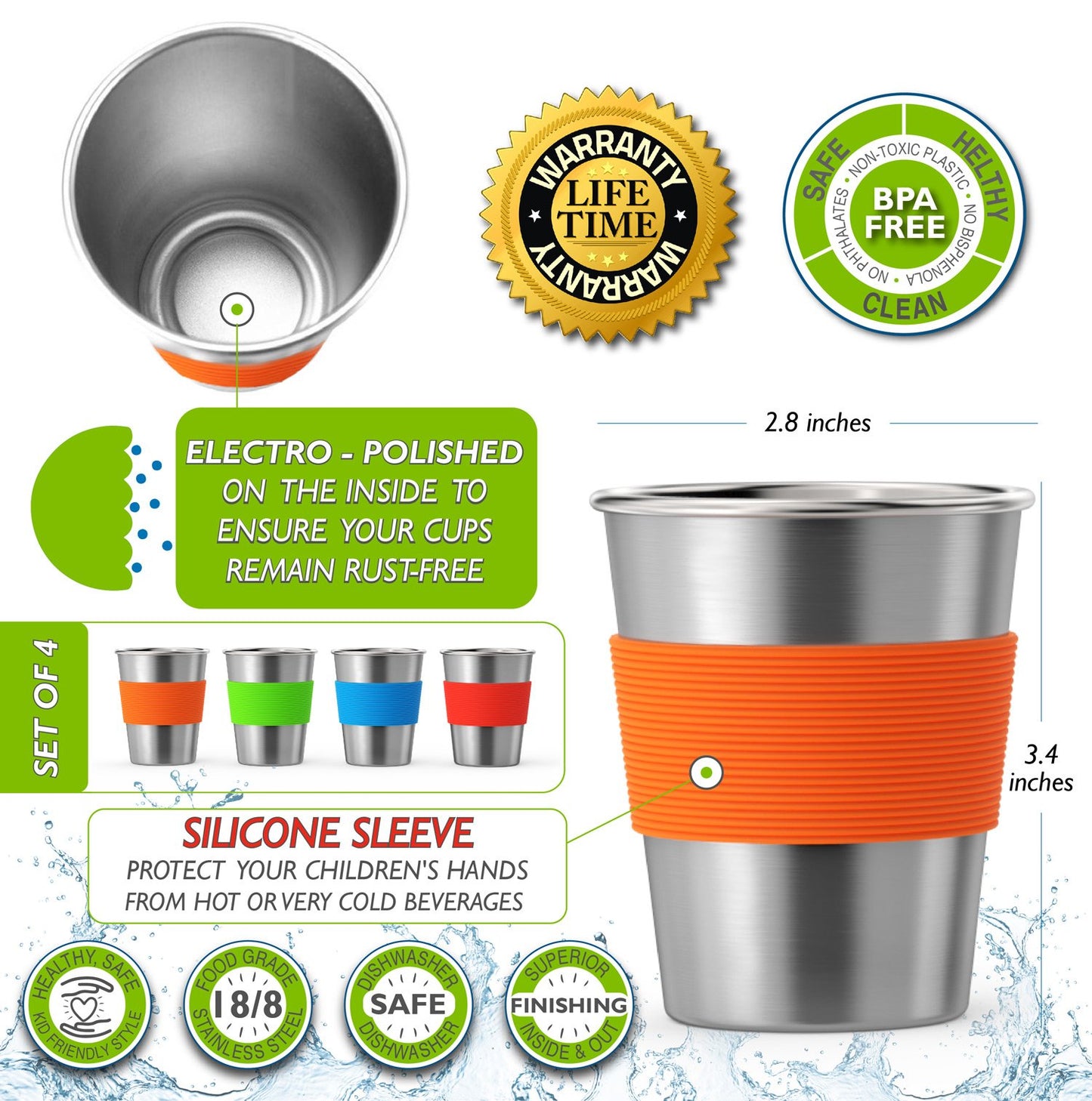 Tazas de acero inoxidable para niños de 236 ml, Multicolor, 236.58ml (8oz)