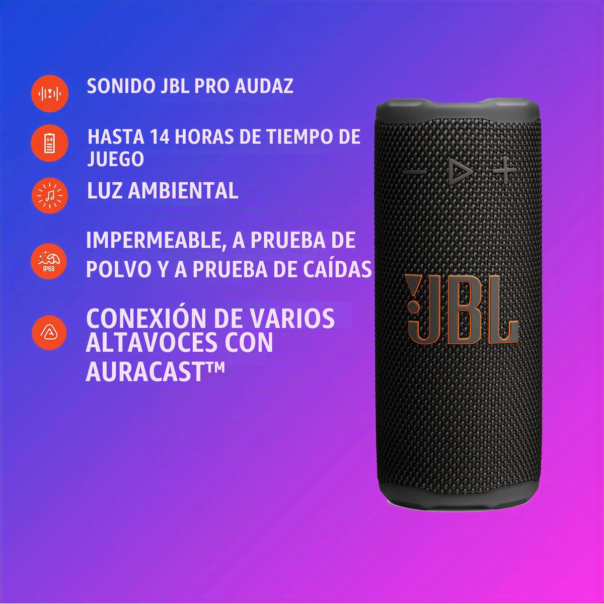 Altavoz Bluetooth JBL Grip morado impermeable y a prueba de polvo con luz ambiental (reacondicionado)