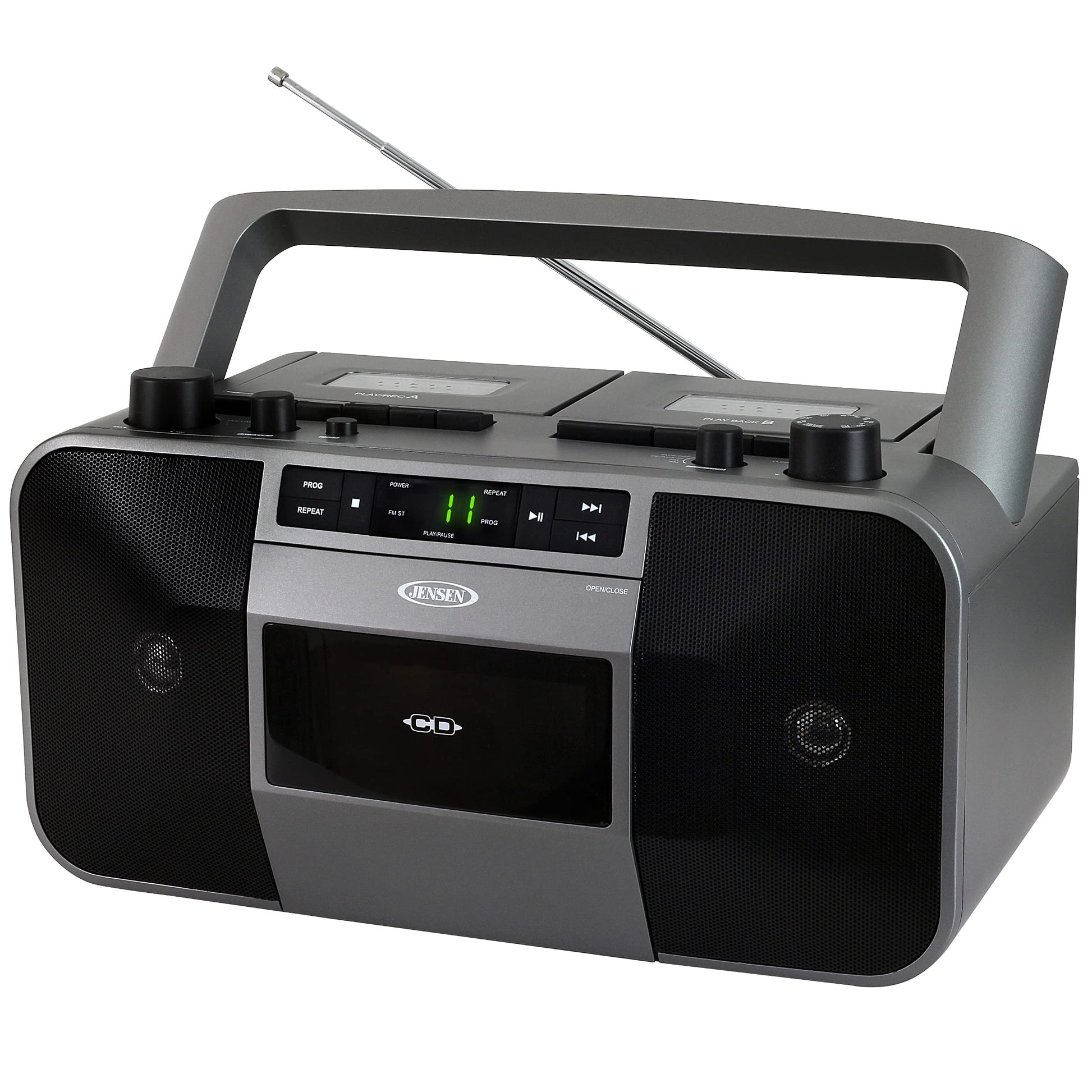 Jensen MCR-1500 Reproductor de CD y Casetes Portátil con Radio AM/FM, Estéreo, Gris, Compatible con CD y MP3, Conectividad Auxiliar y Auricular