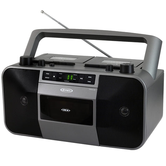 Jensen MCR-1500 Reproductor de CD y Casetes Portátil con Radio AM/FM, Estéreo, Gris, Compatible con CD y MP3, Conectividad Auxiliar y Auricular