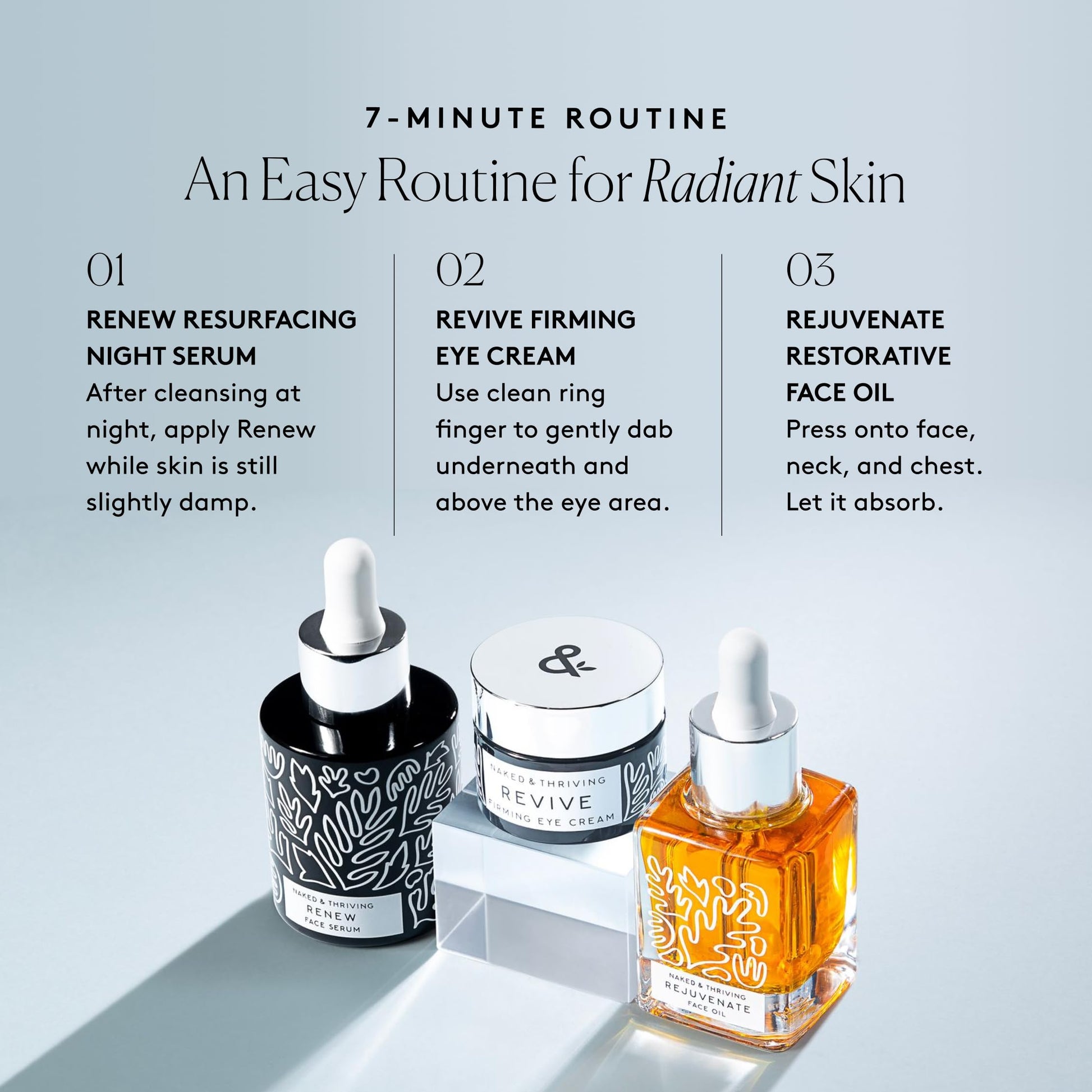 Naked & Thriving Rutina Restauradora Nocturna | Renew Night Serum (30 Ml) + Crema Para Ojos Revive (15 Ml) + Aceite Facial Rejuvenecedor (35 Ml) Con Péptidos, Escualano, Ácido Hialurónico Y Ah