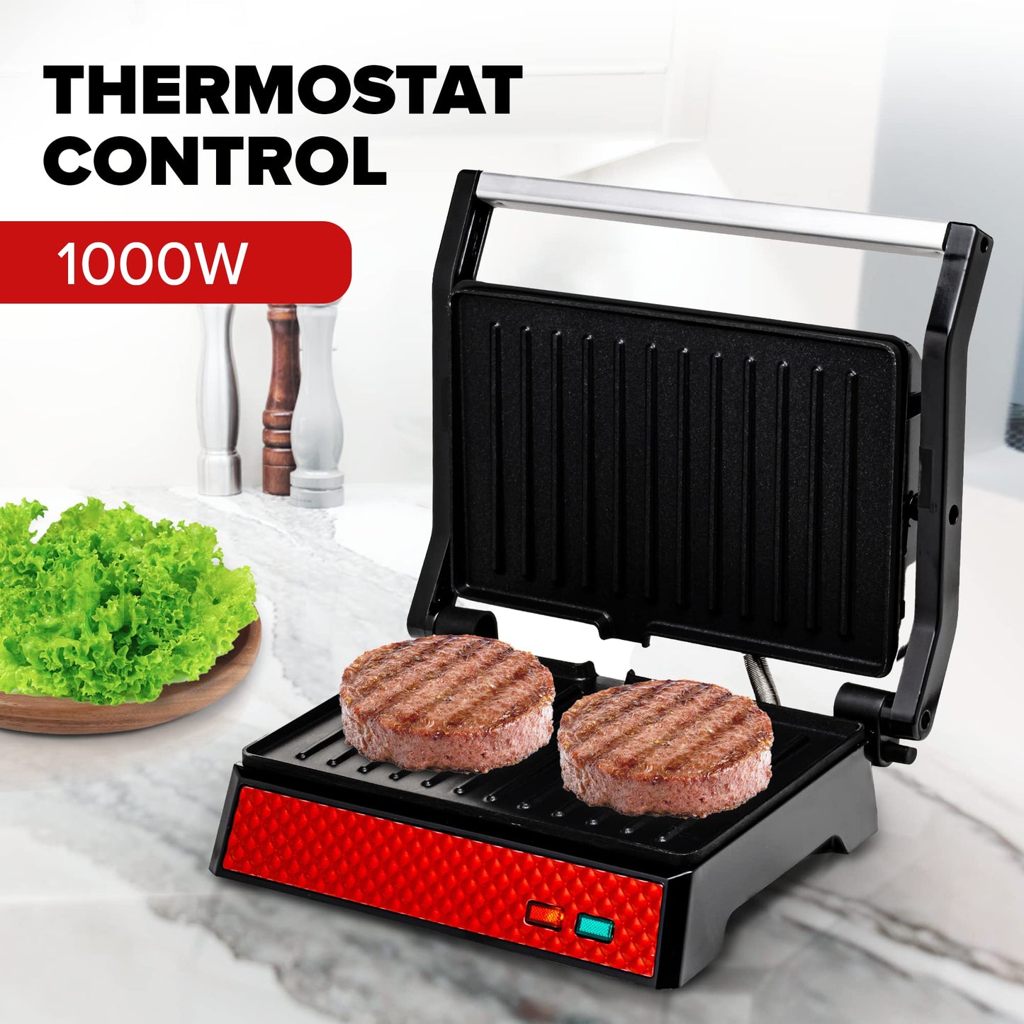 Parrilla Eléctrica Ovente Roja con Apagado Automático y Bandeja de Goteo