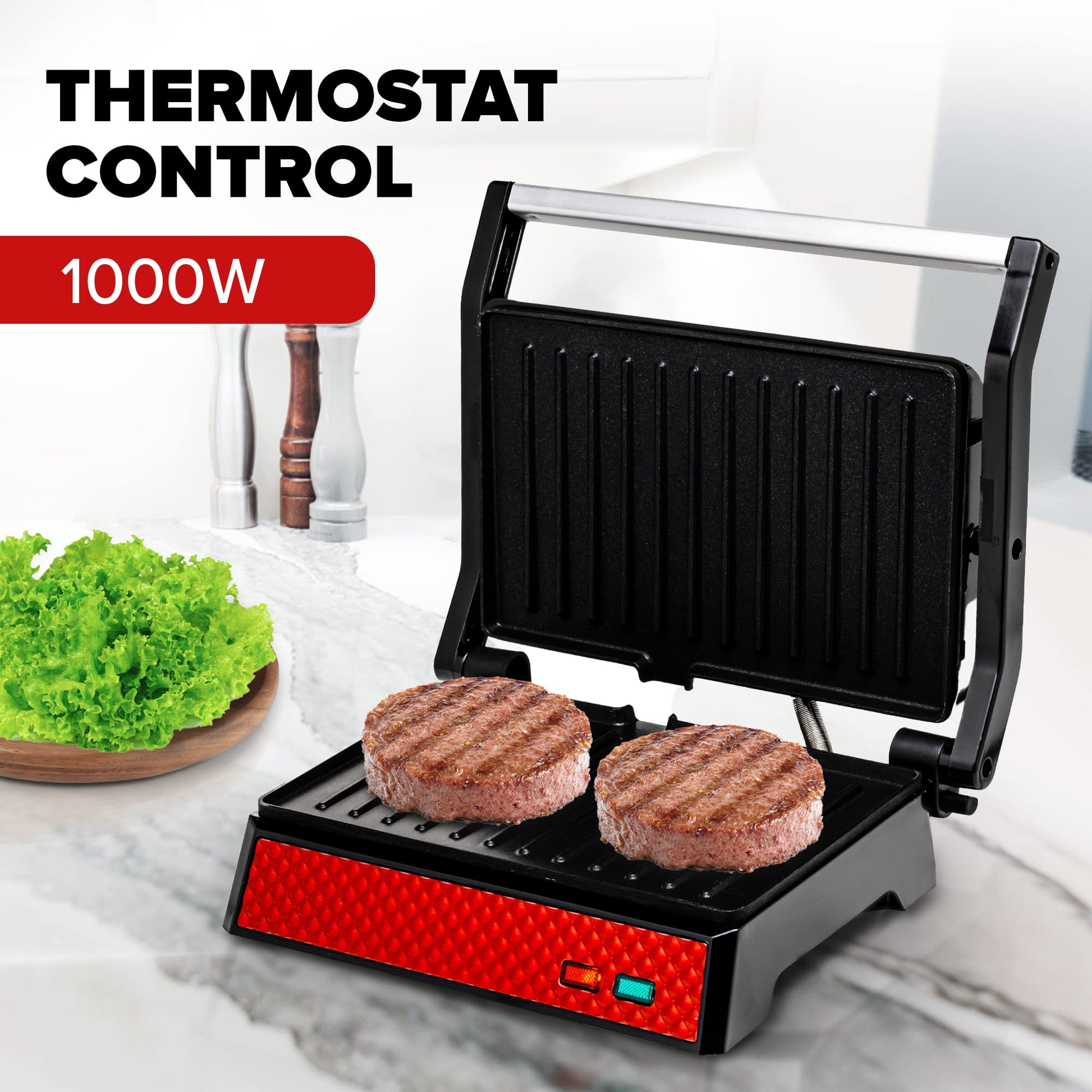Parrilla Eléctrica Ovente Roja con Apagado Automático y Bandeja de Goteo