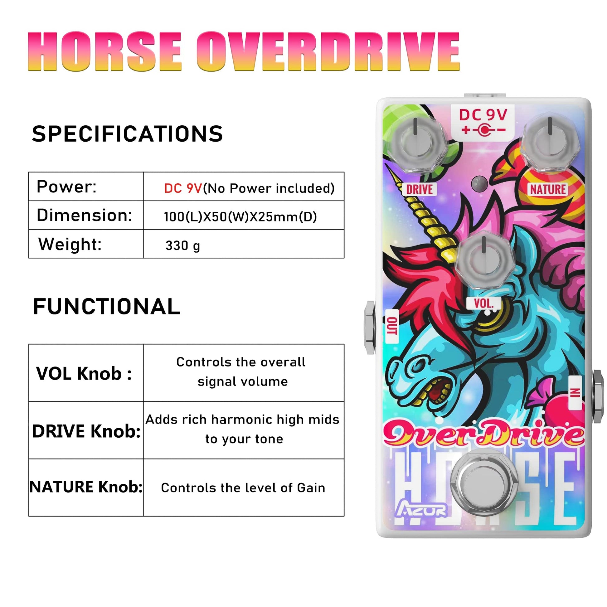 AZOR - Pedal de guitarra Overdrive para caballo mini overdrive con efecto analógico para guitarra eléctrica, pedal True Bypass AP504