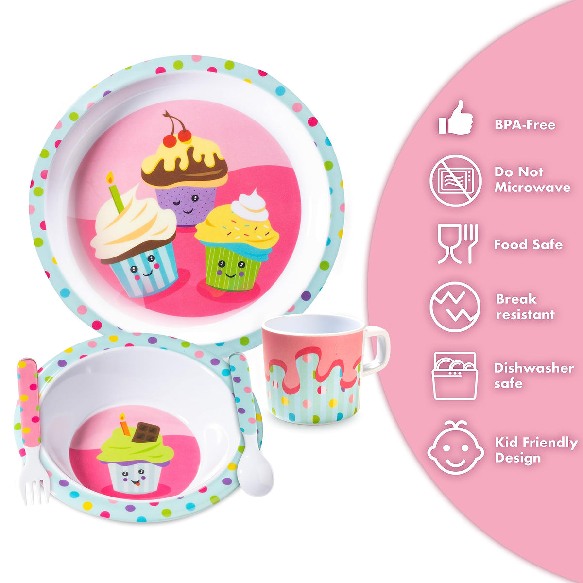 Juego de 5 piezas de alimentación para niños y niños pequeños – Cupcake – Incluye plato, tazón, taza, tenedor y cuchara, utensilios de cubiertos – Duradero, apto para lavaplatos, última intervensión