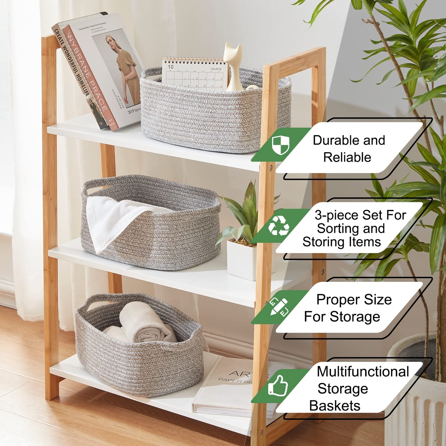 OIAHOMY - Cestas de cuerda de algodón, cestas tejidas para almacenamiento, cestas de almacenamiento de guardería, cesta rectangular con asas, cestas de almacenamiento para estantes, paquete de 3,