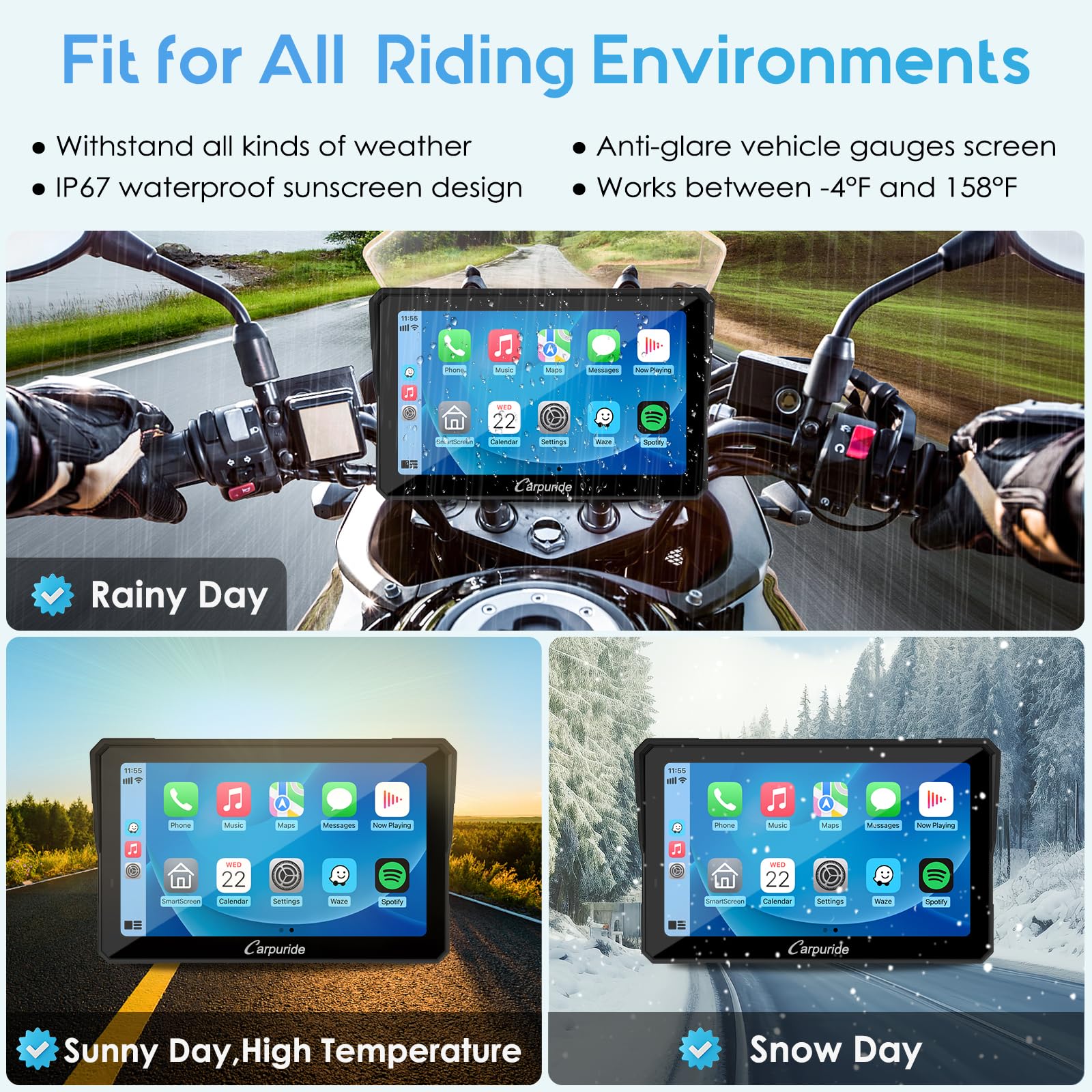 Carpuride W702PRO - visualización de navegación GPS impermeable de 7 pulgadas para motocicleta, intercambio de música, intercomunicador, ecualizador, sensor de luz, brújula, barómetro