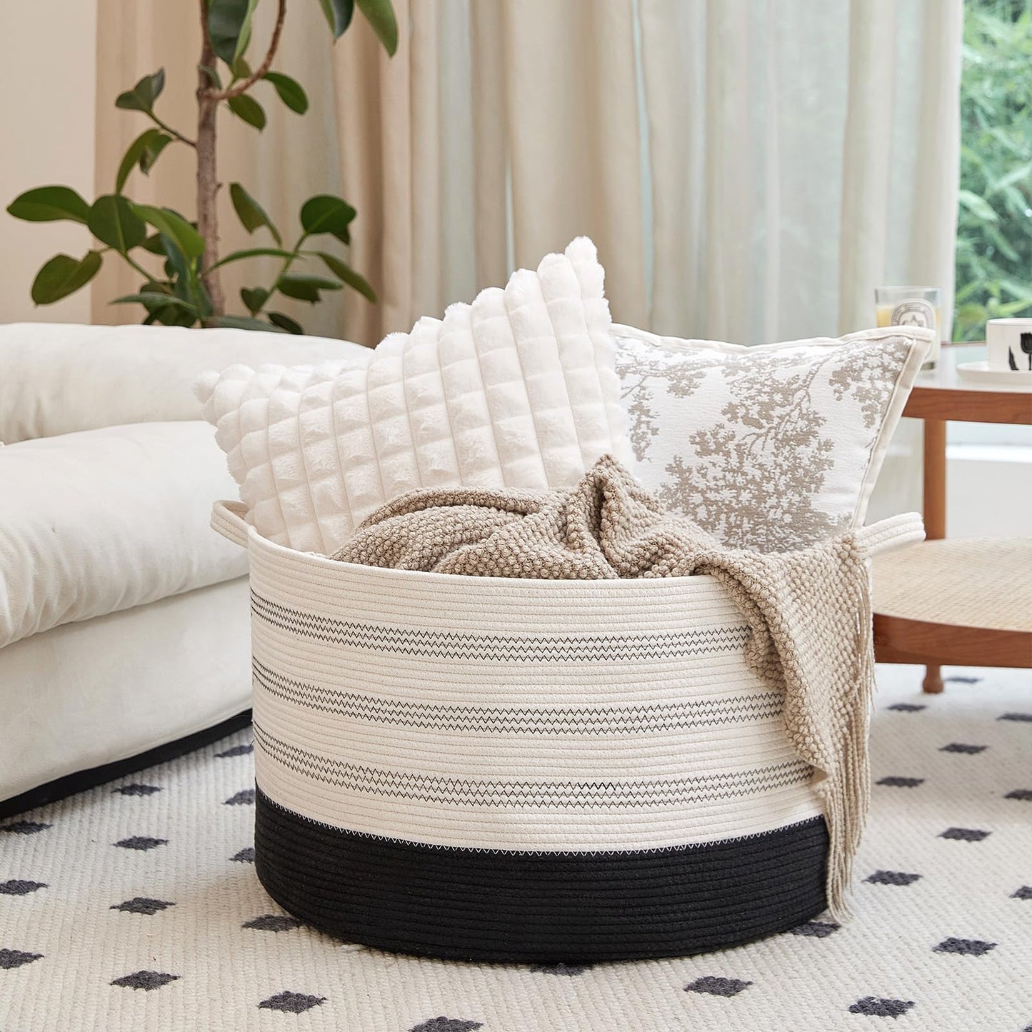 R RUNKA Cesta de almacenamiento extragrande – 22 x 55,5 x 35,5 cm XXXL extra grande – Cesta de ropa tejida con asas – Cesta decorativa extra grande para mantas, redonda, suave, para la sala de estar de los niños