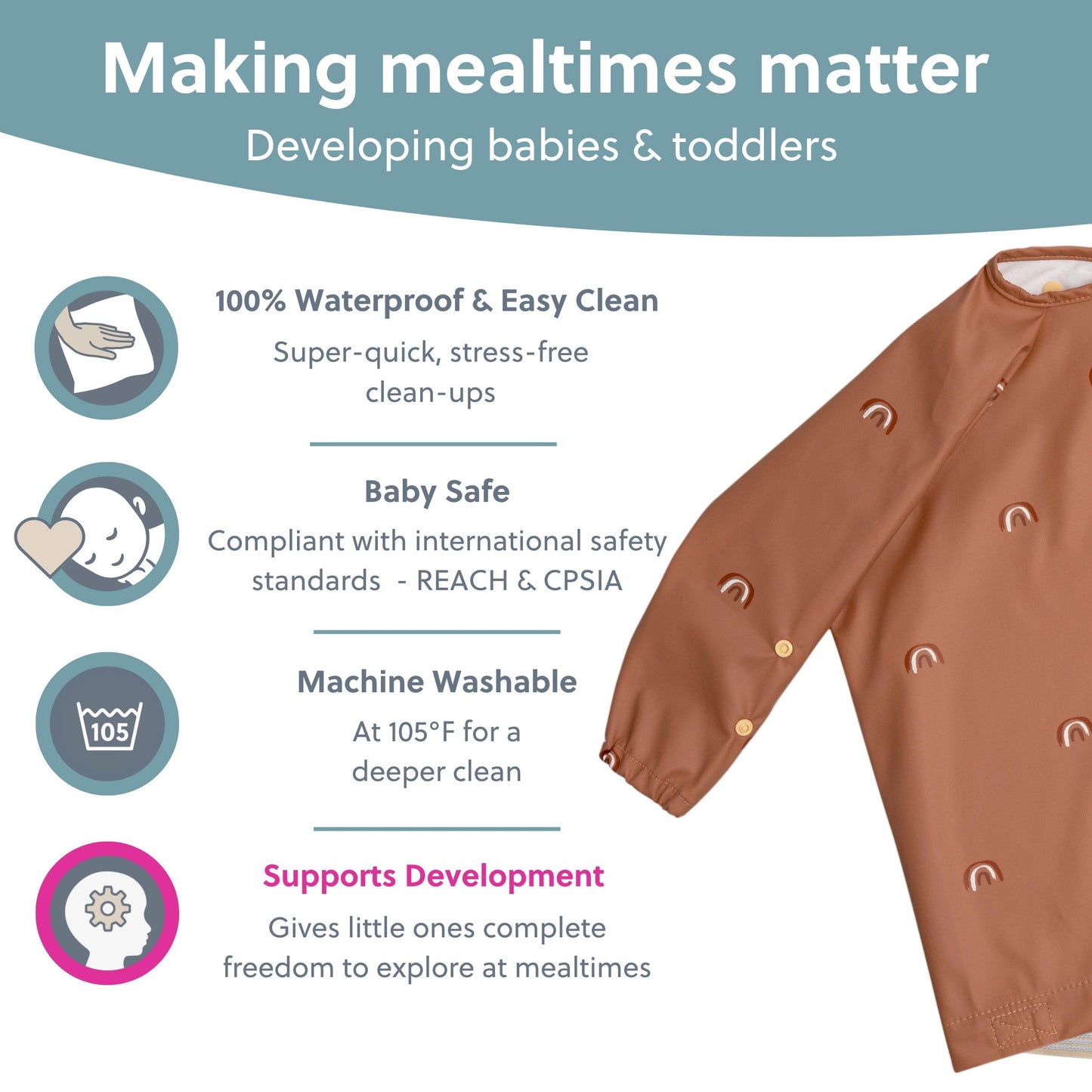 Bibado Baberos para bebé con mangas – Babero de destete LED para niños pequeños y bebés, 6-36 meses, se fija a sillas altas, cochecitos, mesas, Chasing Rainbow, One Size