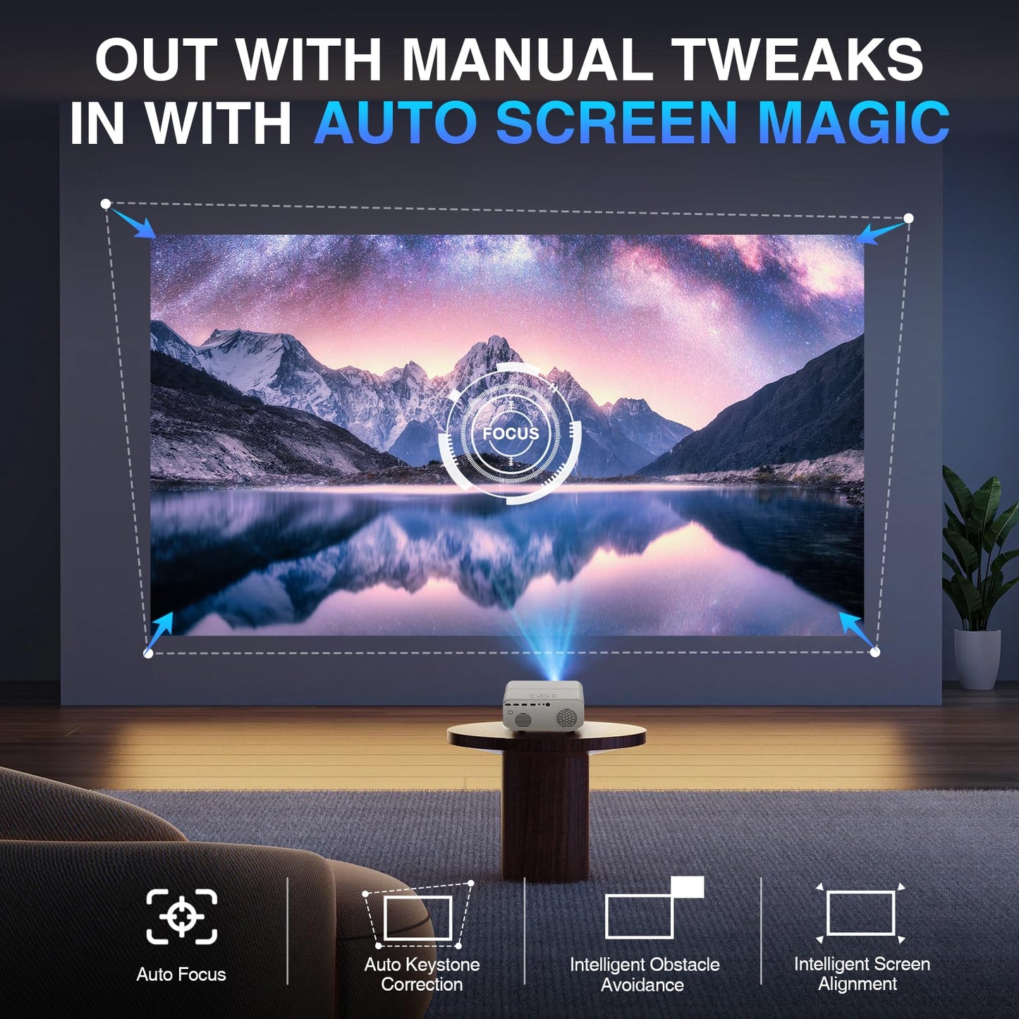 [AutoFocus/Soporte 4K] Proyector con WiFi y Bluetooth, Proyector de película para exteriores nativo 1080P con enfoque automático, 4P6D Keystone/50% Zoom/PPT, proyector portátil DBPOWER para iOS