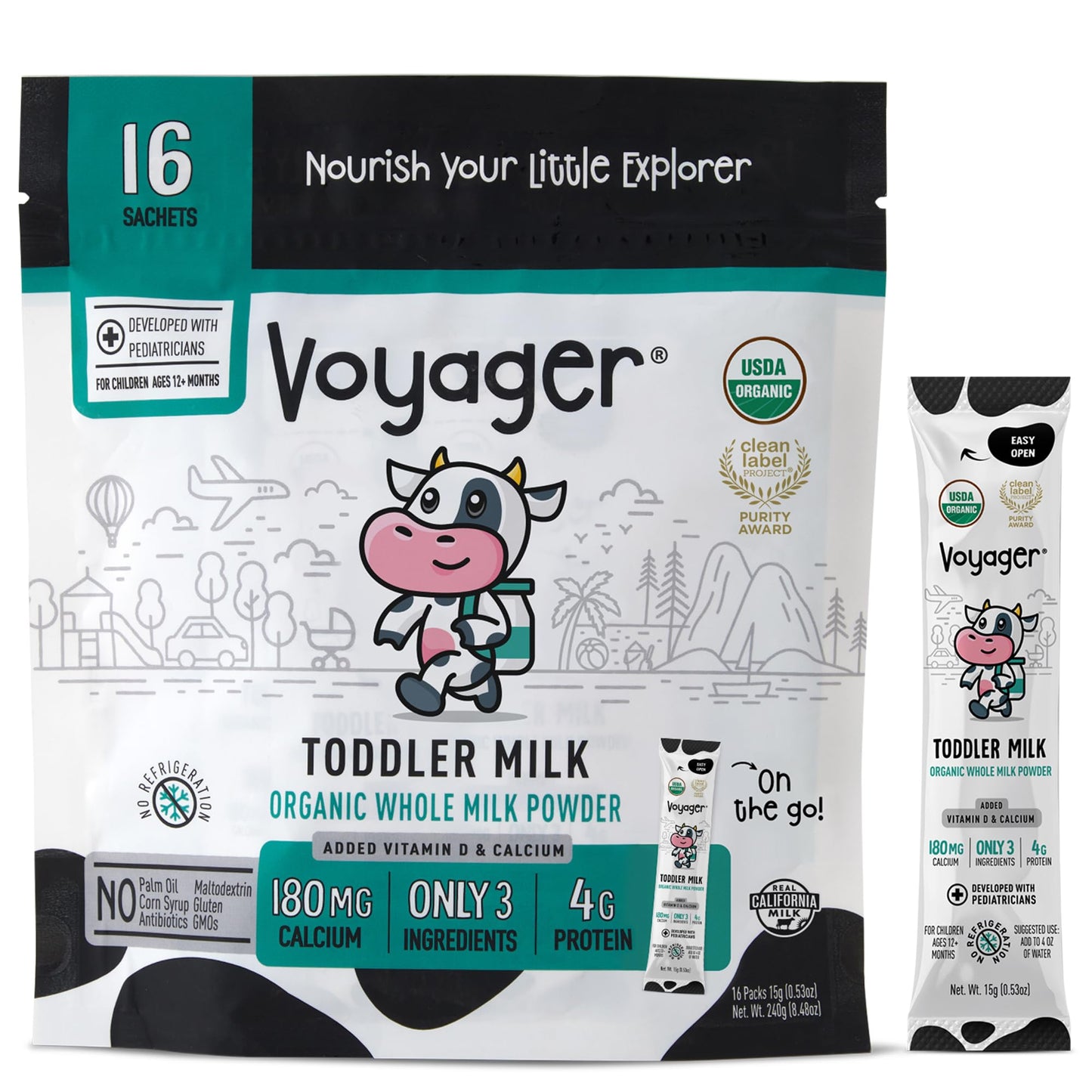Voyager Milk Leche Voyager Para Bebés, Leche Entera En Polvo Orgánica Usda Estable, Ideal Para Viajes, Sin Refrigeración, Sin Gluten, Sin Omg Ni Antibióticos Para Niños, 16 Sobres De 15 G