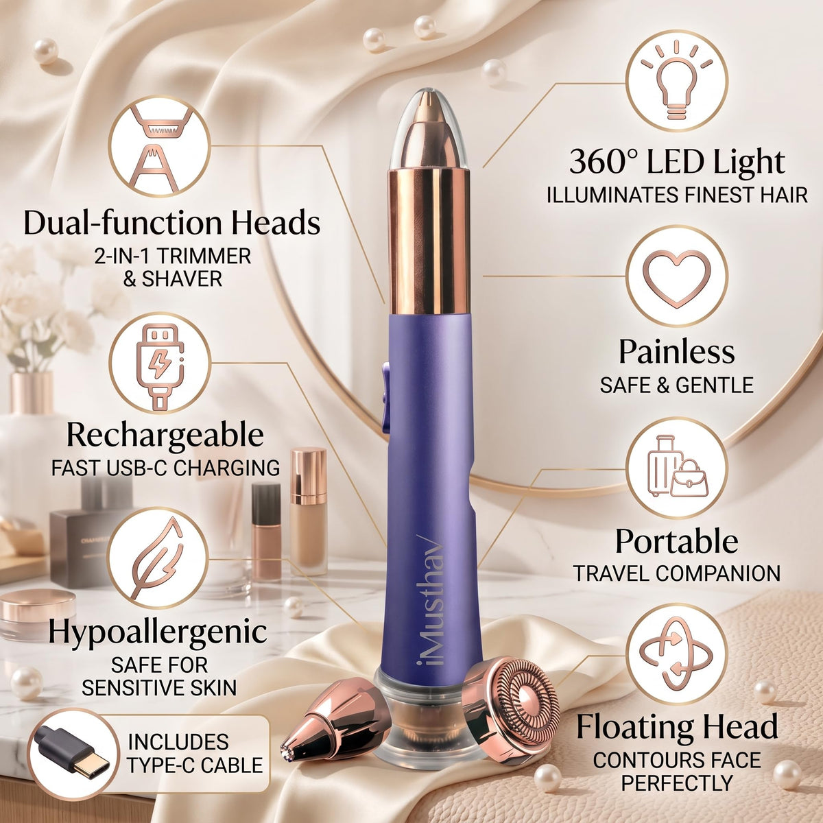 Depiladora Eléctrica Indolora para Mujer, Elimina Vello de Cejas y Facial