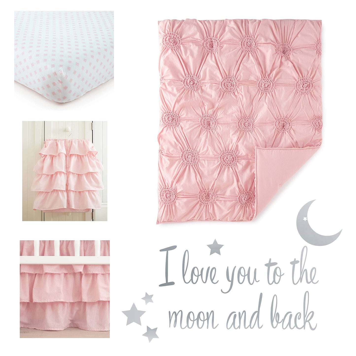 Levtex Baby - Juego de Cama para Cuna de Sauce, Juego de guardería para bebé, Color Rosa, Suave, Juego de 5 Piezas, Incluye Colcha, sábana Bajera, apilador de pañales, calcomanía de Pared y Falda de