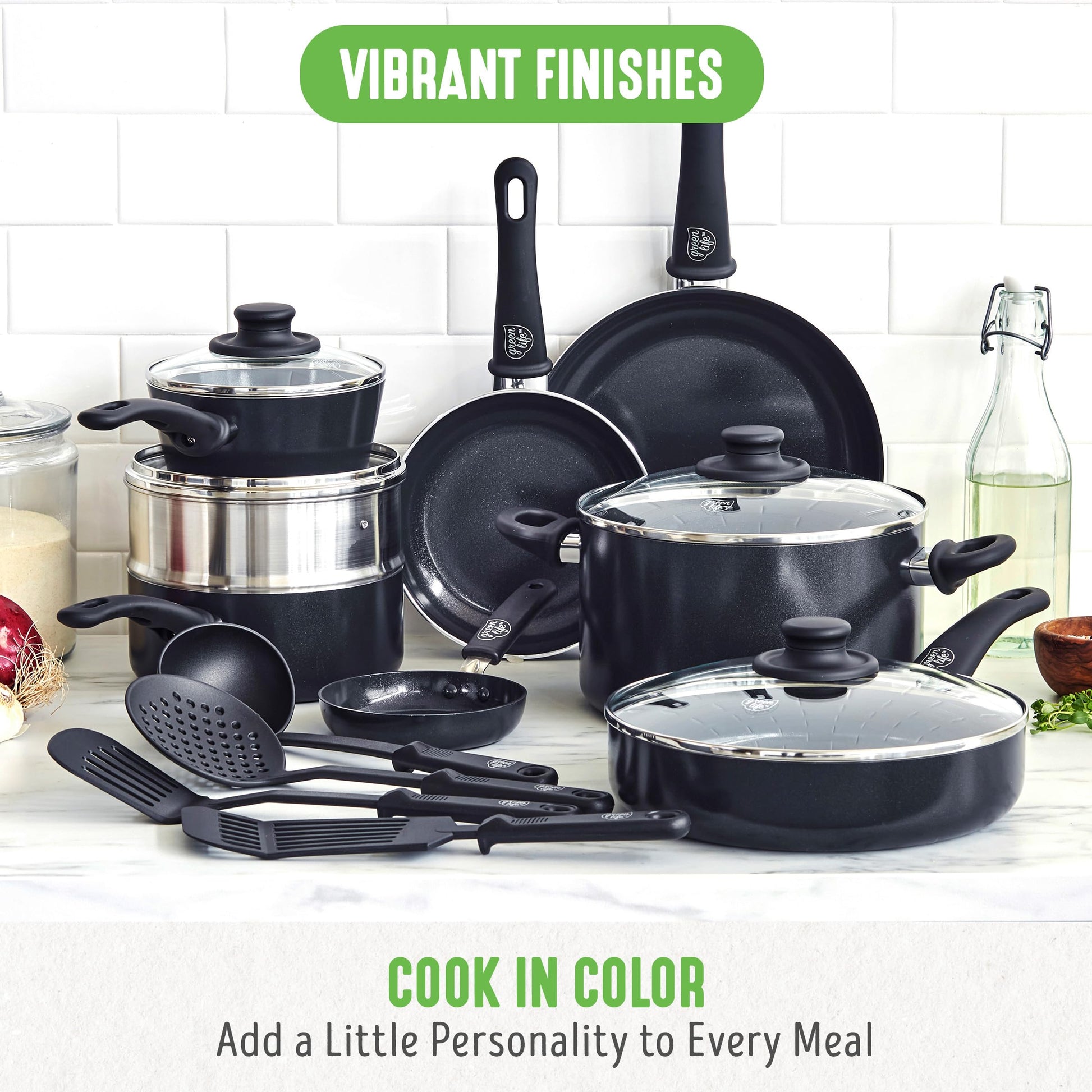 Greenlife Batería de cocina, de cerámica, antiadherente, agarre suave, Negro diamond, 16 piezas, 1