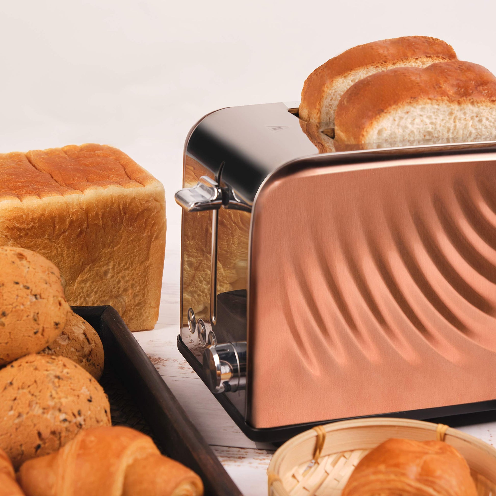 tostador Cotomier de 2 rebanadas, tostador retro de acero inoxidable color blanco crema con función de cancelación de bagel de descongelación y 6 ajustes de sombra (oro rosa)
