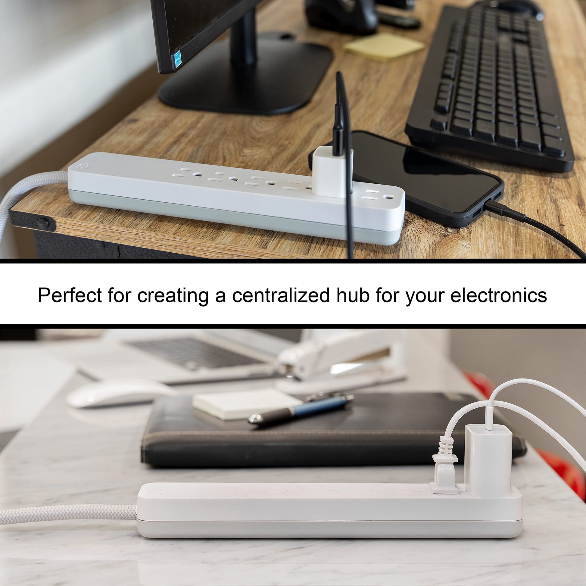 GE Ultra Pro, Multicontactos de 6 Salidas, Enchufe Plano, Cable de Extension Trenzado de .60 m (2 pies), 560 Julios, Certificacion UL, Ranuras para Montaje en Pared, 1 Unidad, Blanco, 45264
