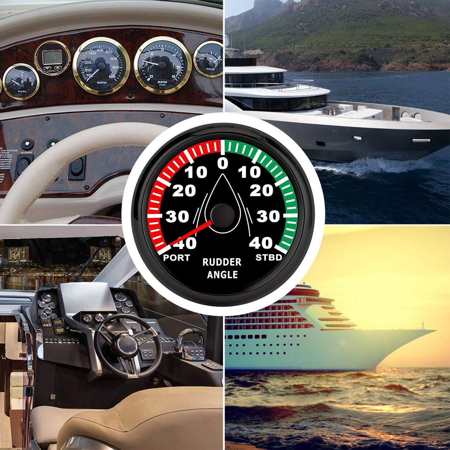 Indicador de ángulo de Timón, 85 Mm Medidor de ángulo de Timón de Barco IP67 Impermeable Retroiluminación Multicolor 9-32V Dirección Ajustable(Marco negro sobre negro)