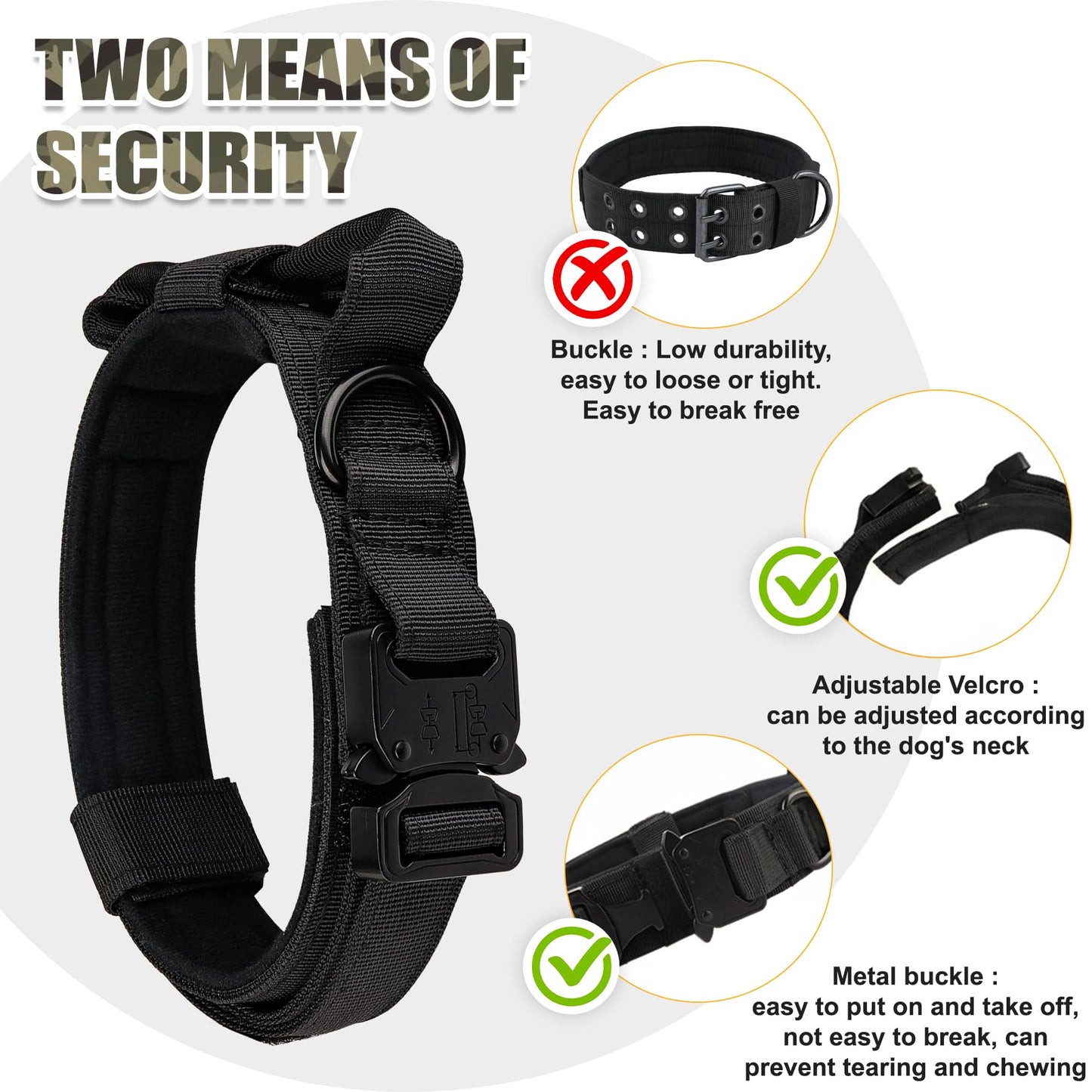 KCUCOP - Collar Militar para Perro con Mama Says I M Special Patch Grueso con asa K9 Collar Tactipup Collar para Perro Ajustable Resistente Hebilla de Metal para Perros M, L, XL (Negro, L)