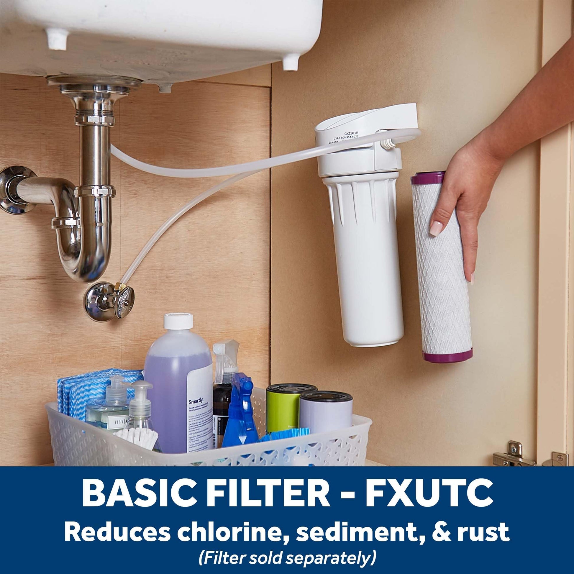 GE - Sistema de filtro de agua para todo el hogar | Sistema de filtración de agua reduce el plomo, el amianto y más | Kit de instalación y accesorios incluidos | Reemplazar filtros (FXUTC, FXULC, FXUVC) cada 6 meses | GX1S01R, 15 x 15.5 x 17 pulgadas