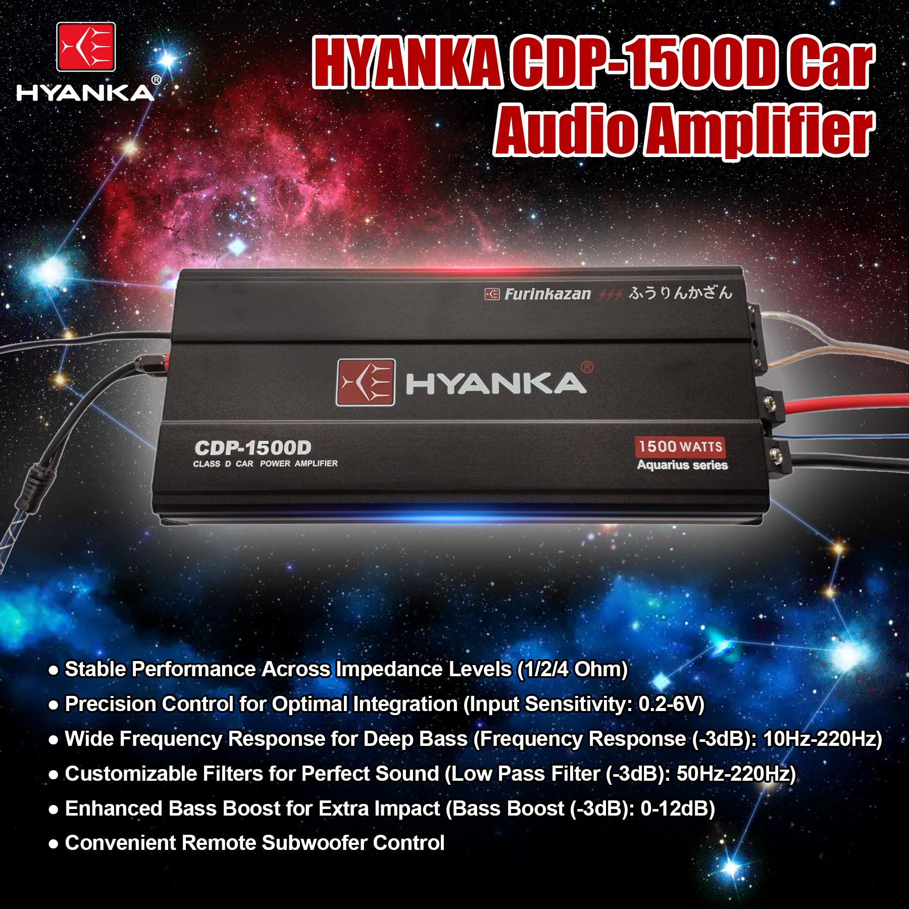HYANKA CDP-1500D - Amplificador de subwoofer de audio para coche de clase D de 1 canal con refuerzo de graves, 1500 W RMS de alta salida, 1/2/4 ohmios estable, entradas de nivel bajo (RCA), fuente de