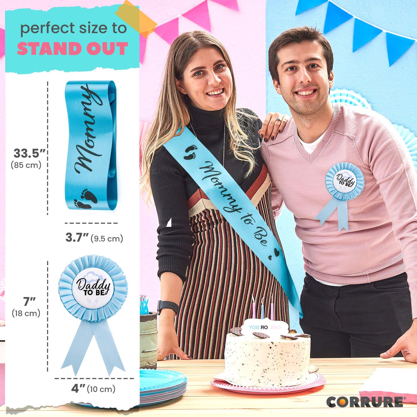 CORRURE Faja de ducha y botón Pin para niño – "Mommy to Be" y "Daddy to Be" Pin con hermosa cinta azul y texto negro con purpurina – Regalo ideal para mamá y papá para revelar el género/baby shower
