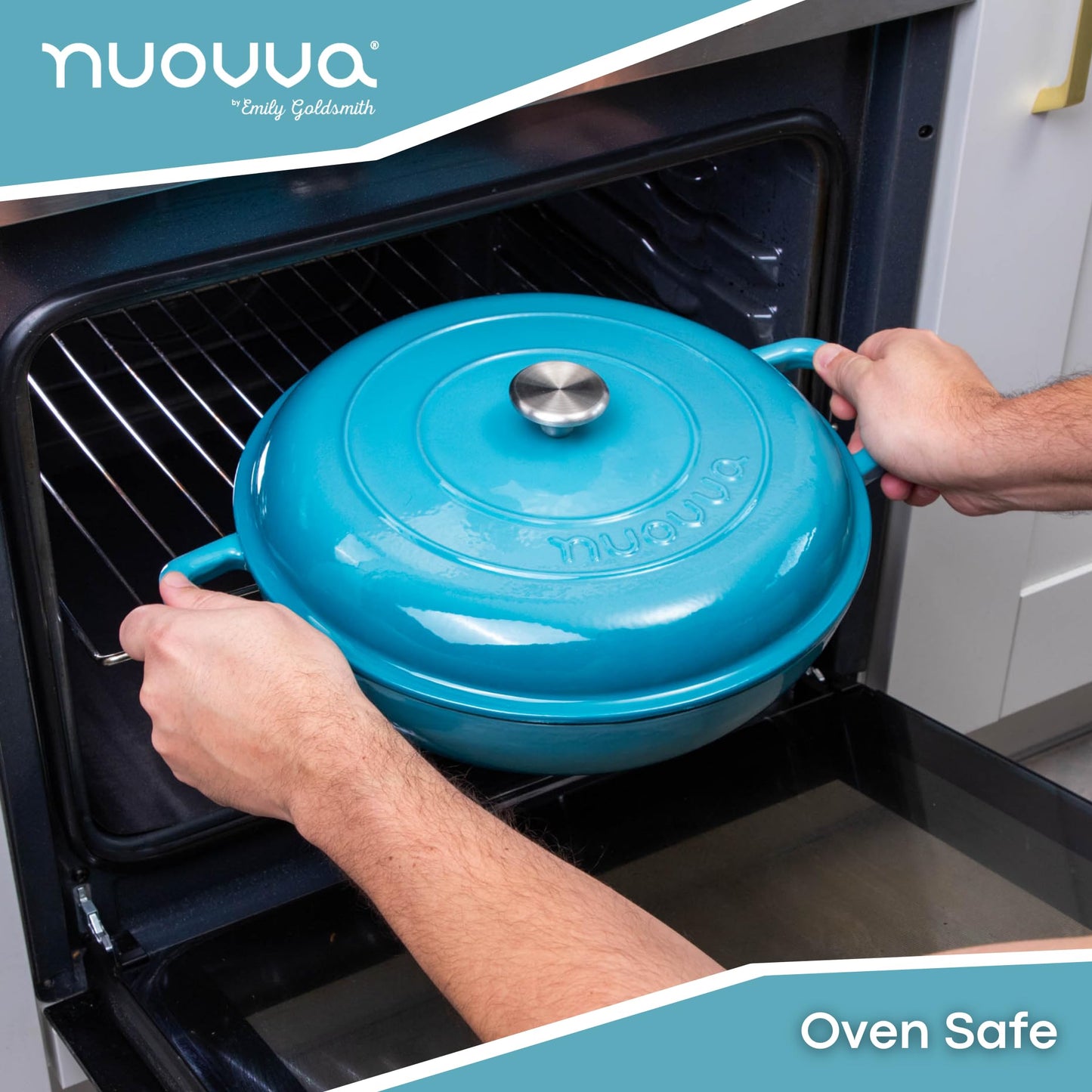 Nuovva - Cacerola de hierro fundido poco profunda con tapa, olla antiadherente para horno holandés, utensilios de cocina resistentes a prueba de horno, olla esmaltada, azul, 5 cuartos de galón, 32 cm