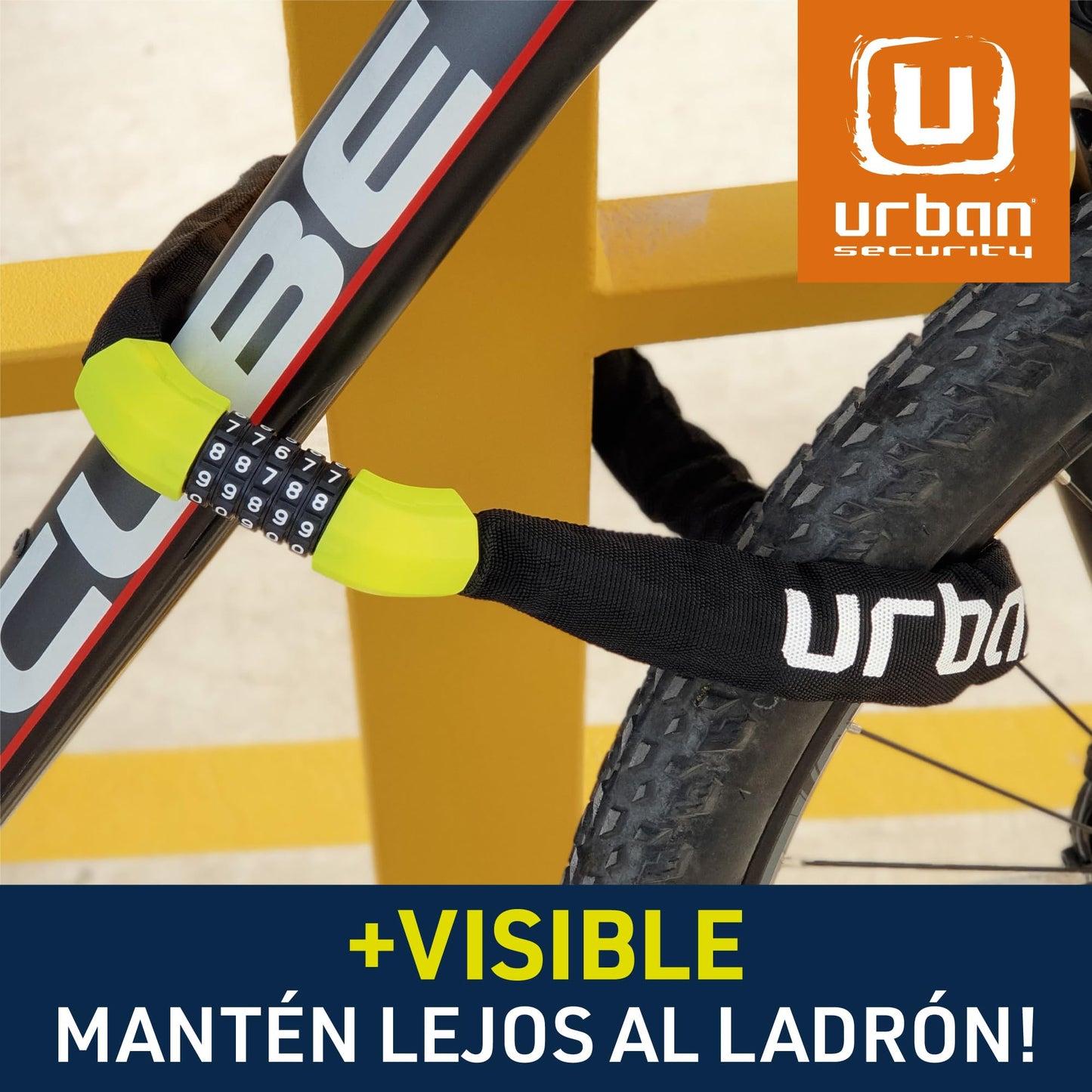 URBAN UR890 Candado de Bicicleta Cadena Antirrobo Moto con Combinación de Código de Seguridad y Funda Textil Bici Scooter Patinete Acero de Ø8 100cm