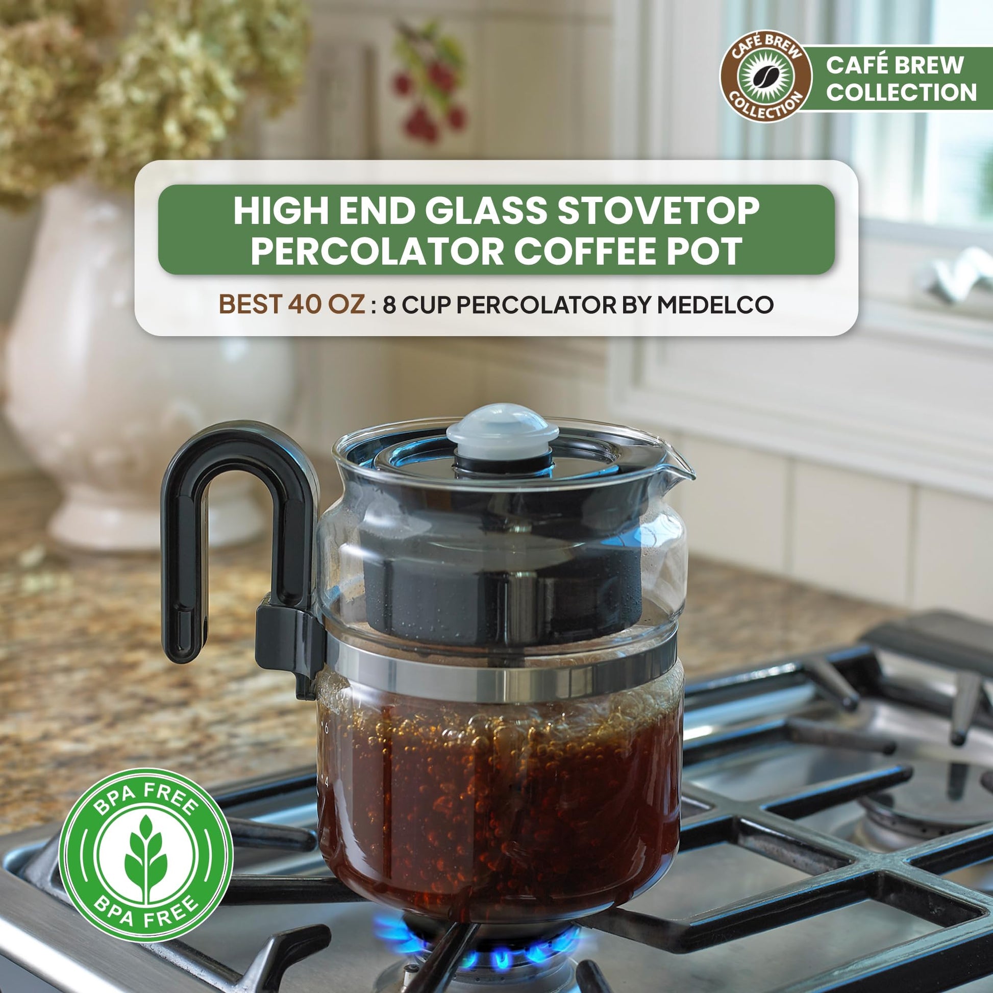 Café Brew Collection - Cafetera de vidrio de 8 tazas - Percolador de café de vidrio borosilicato, sin BPA, apto para lavaplatos, preparación en rangos eléctricos y de gas