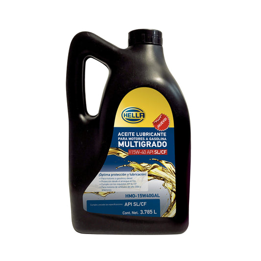 HELLA Aceite Para Motor A Gasolina 15W40, 358277051, HMO-15W40GAL, Garrafa de 3.78 litros, durabilidad de hasta 5.000 km, recomendado para autos livianos con alto kilometraje