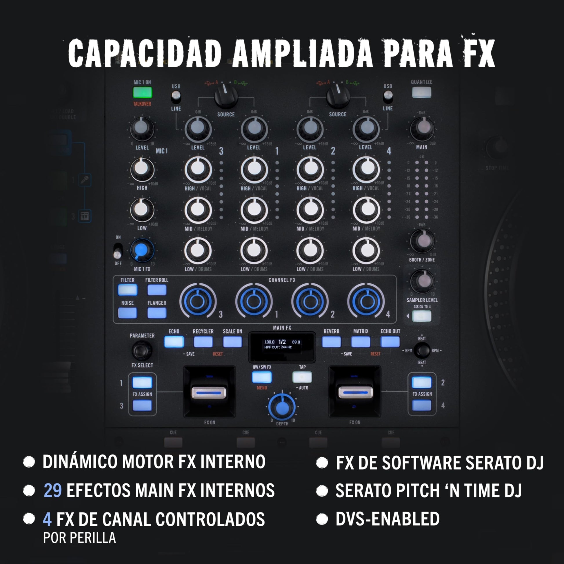 Controlador DJ Rane Performer Negro Motorizado 4 Canales con Platos 7" Displays Faders Precision Feel Stems FX Avanzado Serato DJ Pro
