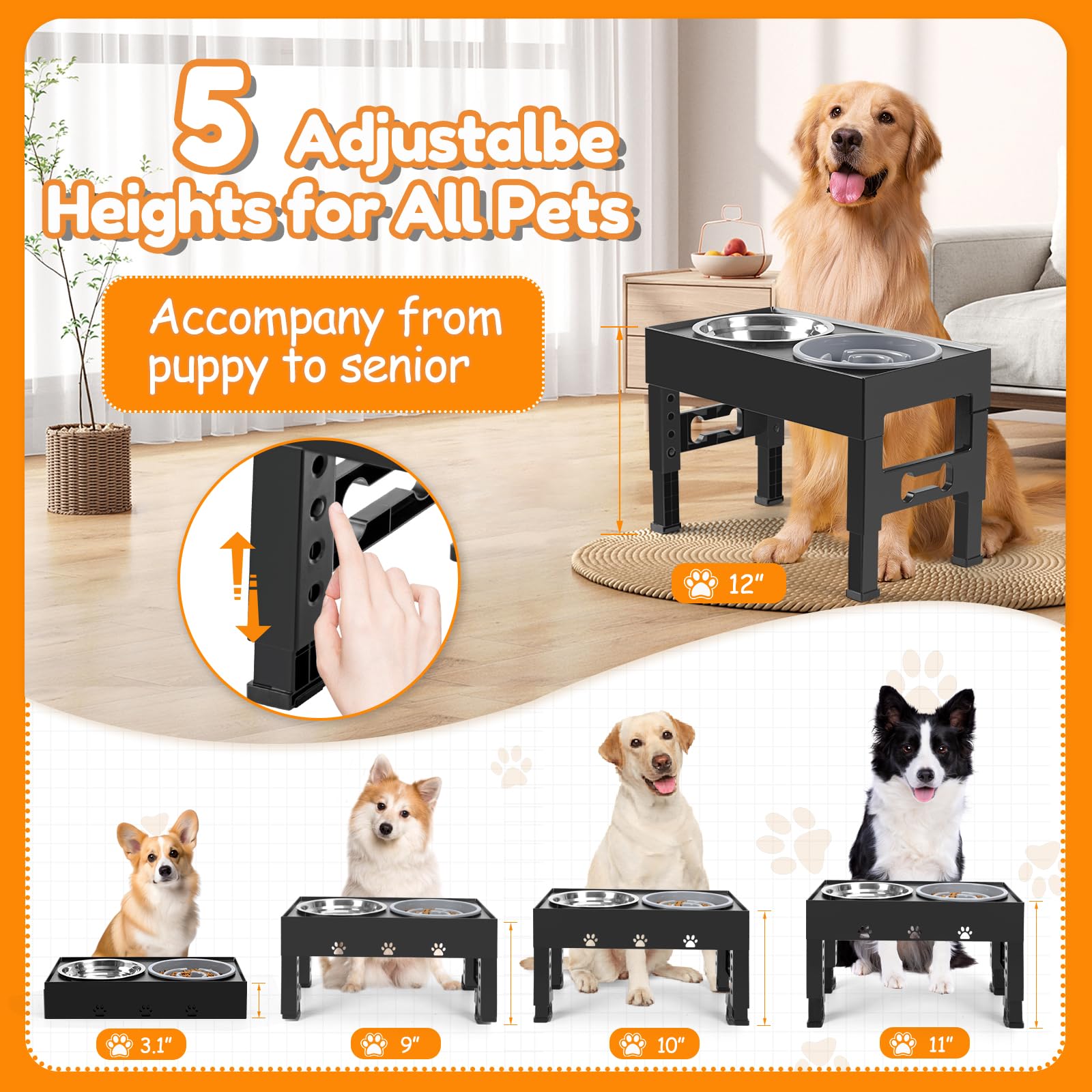 LAKIPETN Cuencos elevados para perros con alimentador lento y 2 cuencos de acero inoxidable, soporte elevado ajustable de 5 alturas, comedero antideslizante para perros que se ajusta a