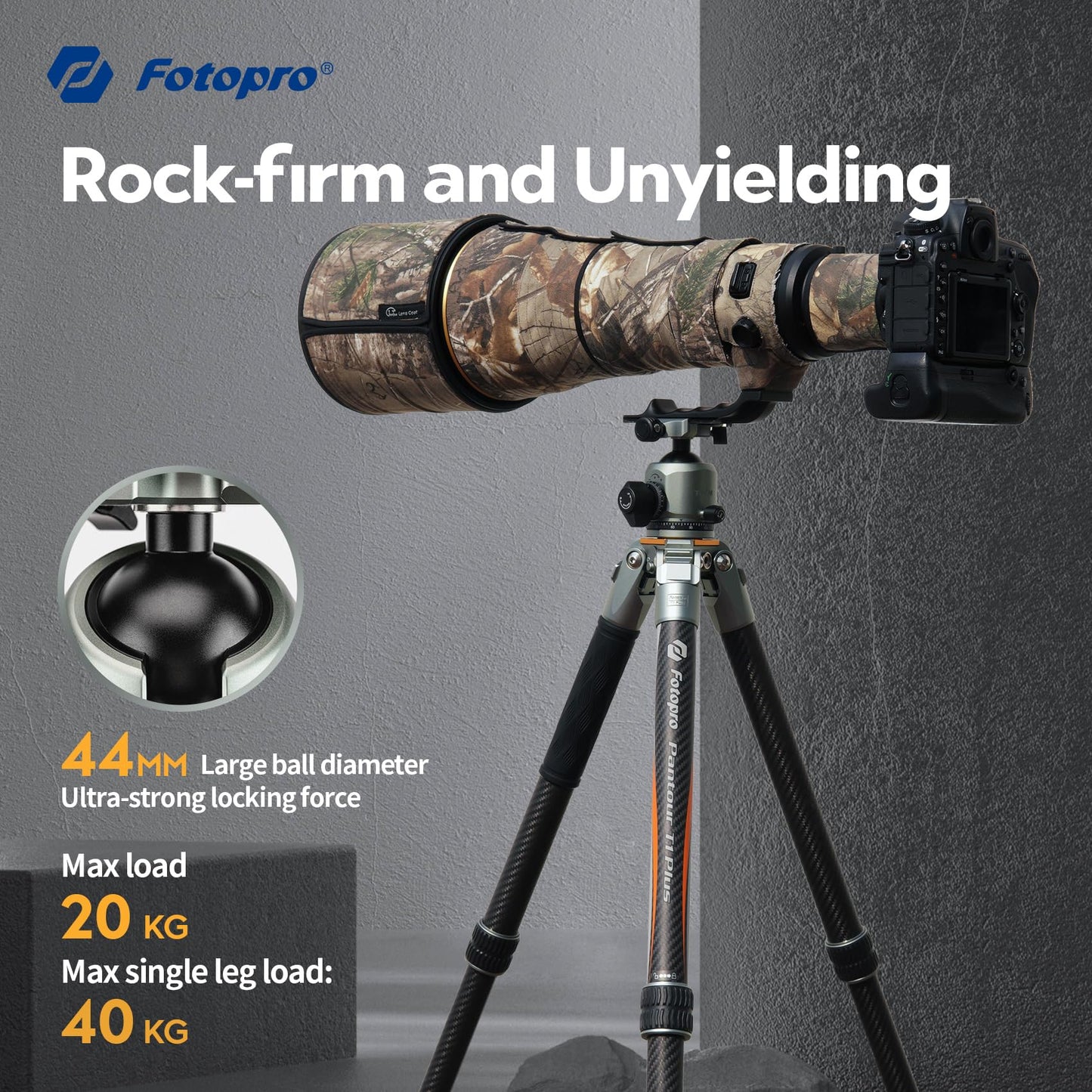 Fotopro - Trípode de cámara de viaje de 65 pulgadas, trípode de fibra de carbono resistente con mini soporte, columna central de una pieza, cabeza de bola de perfil bajo de 44 mm, para videocámara