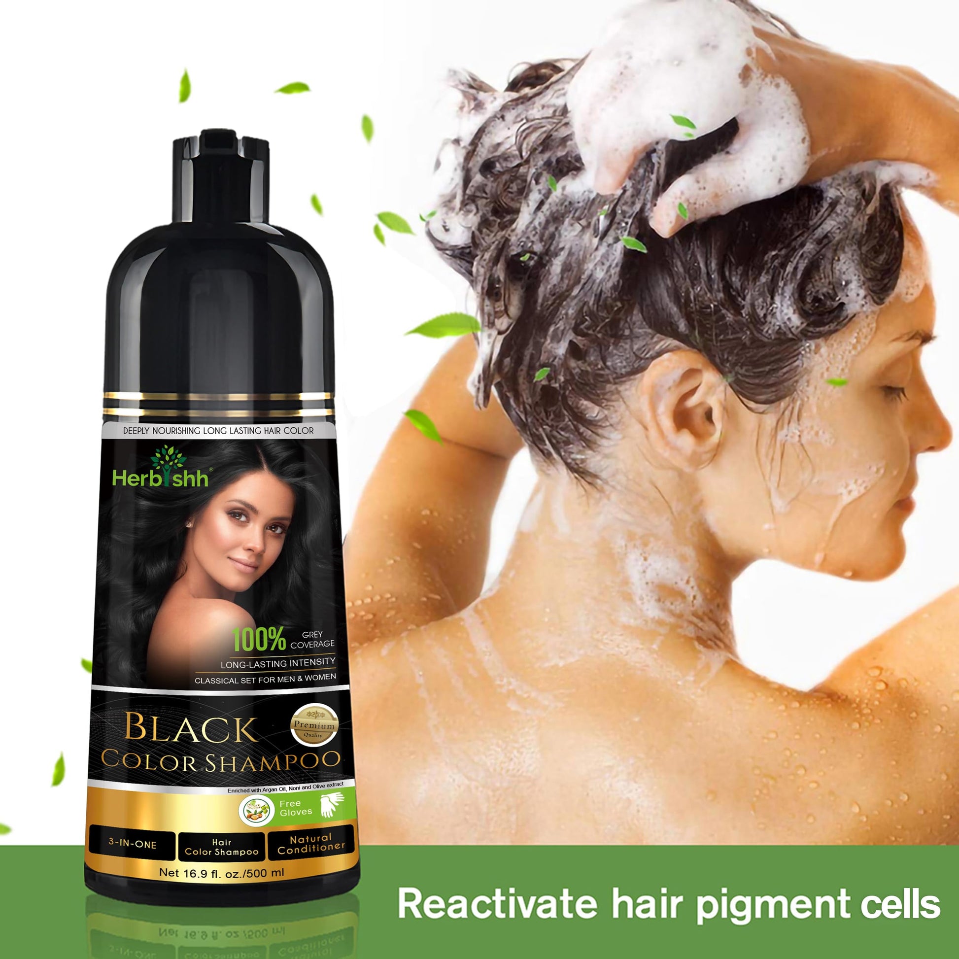Herbishh - Champú colorante para cabello gris, champú con tinte natural para el cabello, colorea el cabello en minutos, dura hasta 3 o 4 semanas, 500 ml, tinte de cabello 3 en 1, sin amoniaco | (negro)