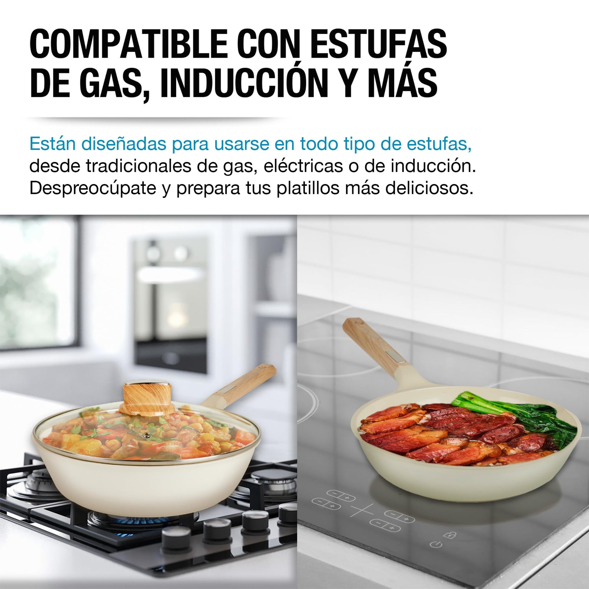 CASA LITUS Batería de Cocina con Cubierta de Cerámica Antiadherente (10 Piezas), Incluye 3 Sartenes, Olla, Cacerola, Vaporera, Tapas y Espátula, para Estufa de Fuego e Inducción, Libre de PFOAs y BPA